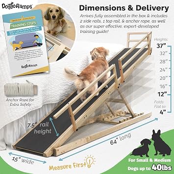 Dog Ramp for Bed, by DoggoRamps Solid Hardwood Dog Ramp for High Beds (Adjustable up to 37 Tall) with Side Rails & Non-Slip Grip Ramps for Small Dogs Like Dachshunds 100% Made in North America