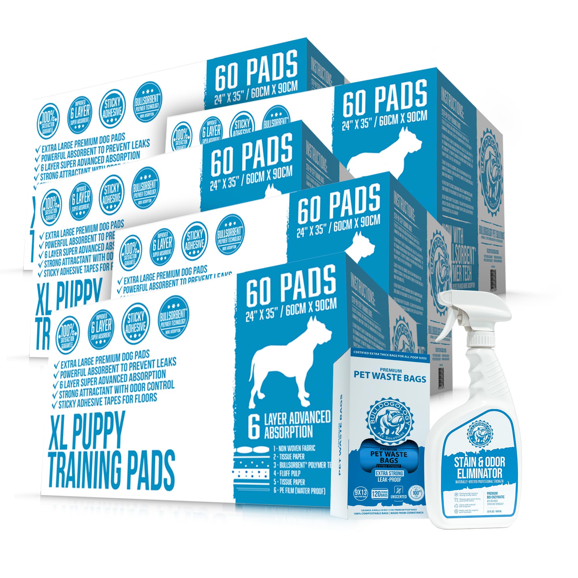 300-Count XL Dog Pads w Stain & Odor Remover and Dog Poop Bag Bundle