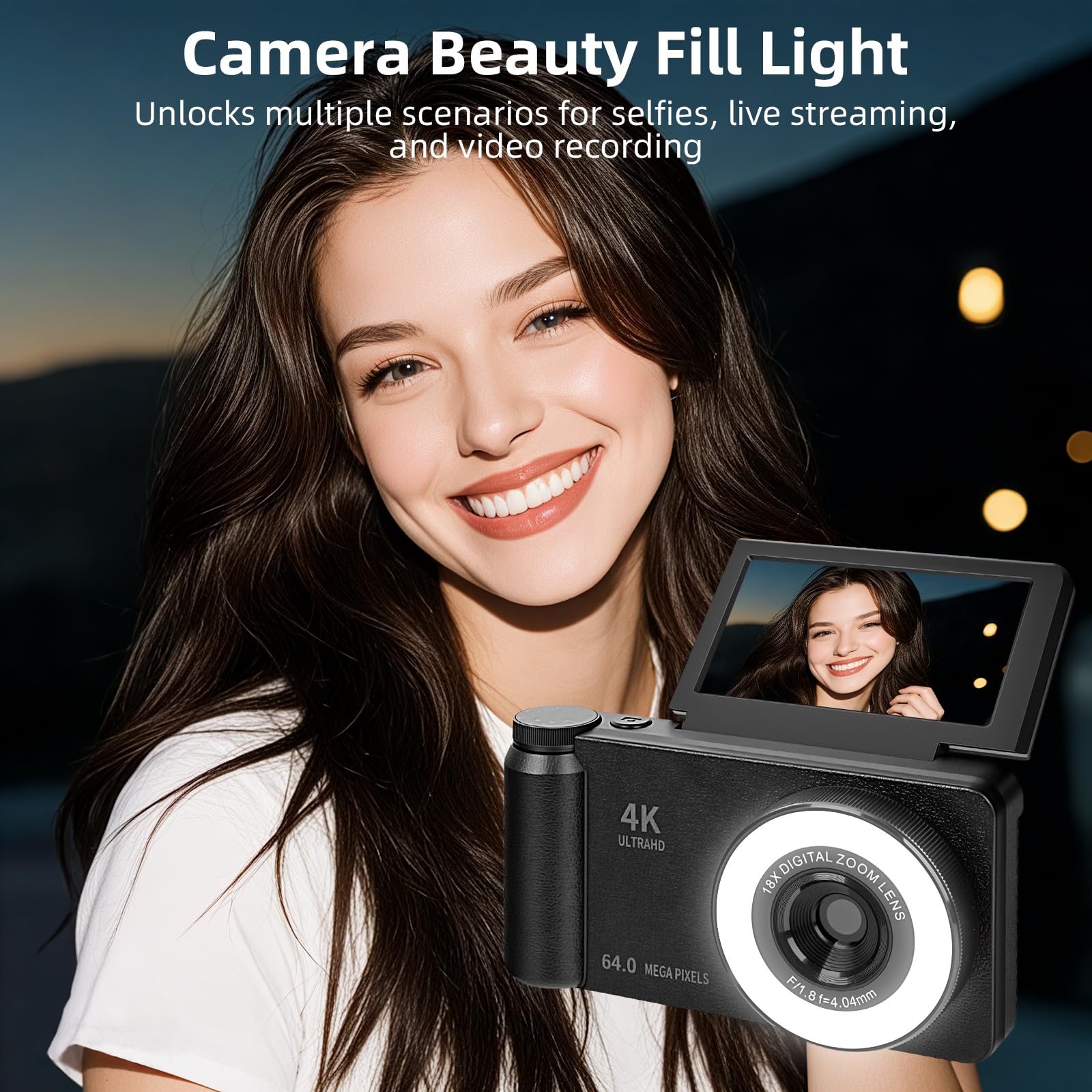 4K 64MP Digitalkamera mit Beauty Licht & Schönheitsmodus Autofokus Kamera Fotokamera Kompakte Vlogging Kamera 3 Zoll 180° Flip Bildschirm 18X Digitalzoom 20 Filter 32G Karte für Kinder Jugendliche