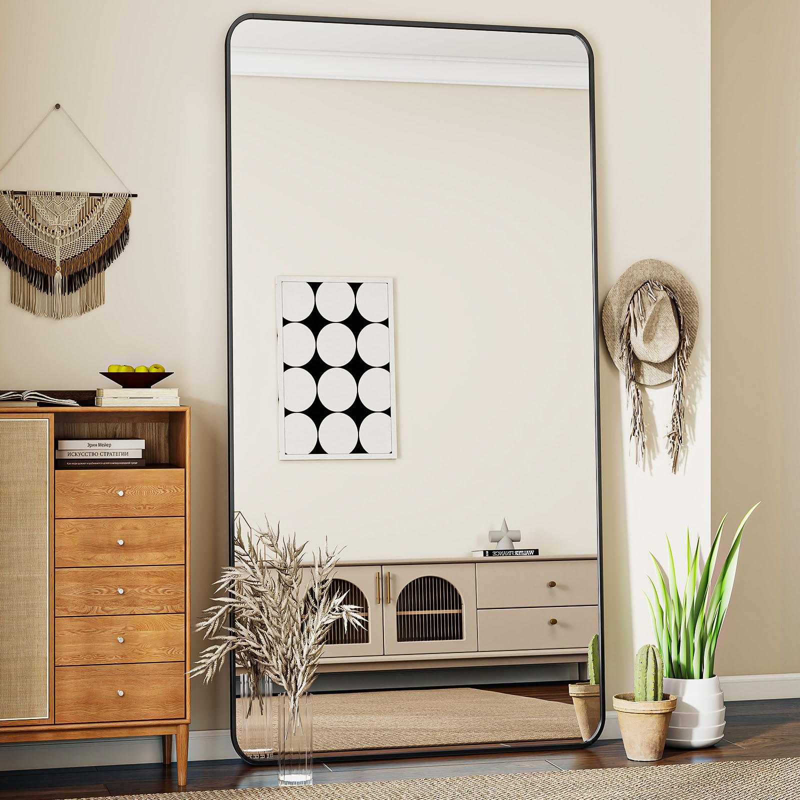 Koonmi Espejo de pie con esquinas redondeadas, 76 x 171 cm, espejo de cuerpo entero con soporte, espejo grande de pie, espejo de cuerpo completo, para dormitorio, salón, color negro