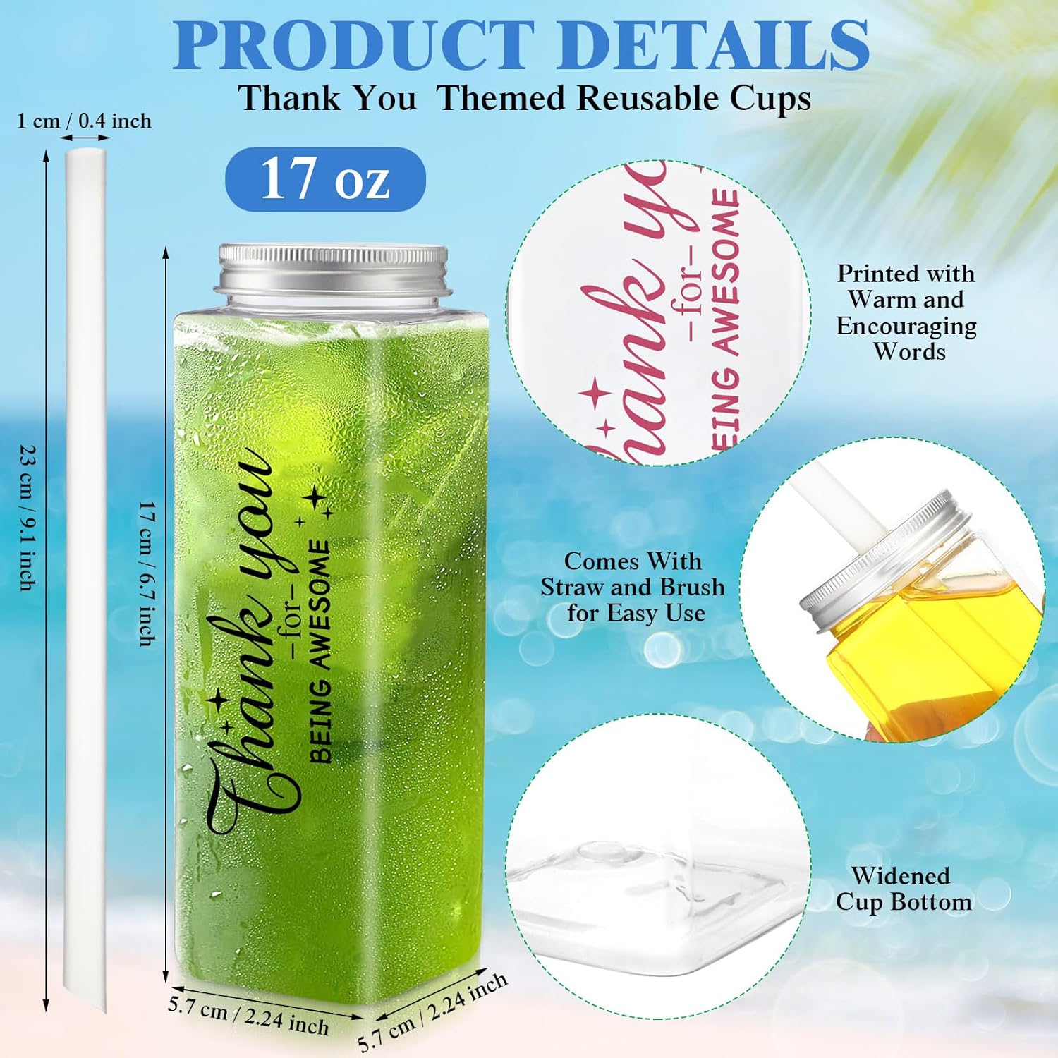 Skylety 24 Pcs Employee Appreciation Gifts Thank You Plastic Cups 17 oz Large Reusable Acrylic Skinny Tumblers with Lid Straw Rectangular Inspirational Plastic Mugs for Staff Coworker Team Teacher
