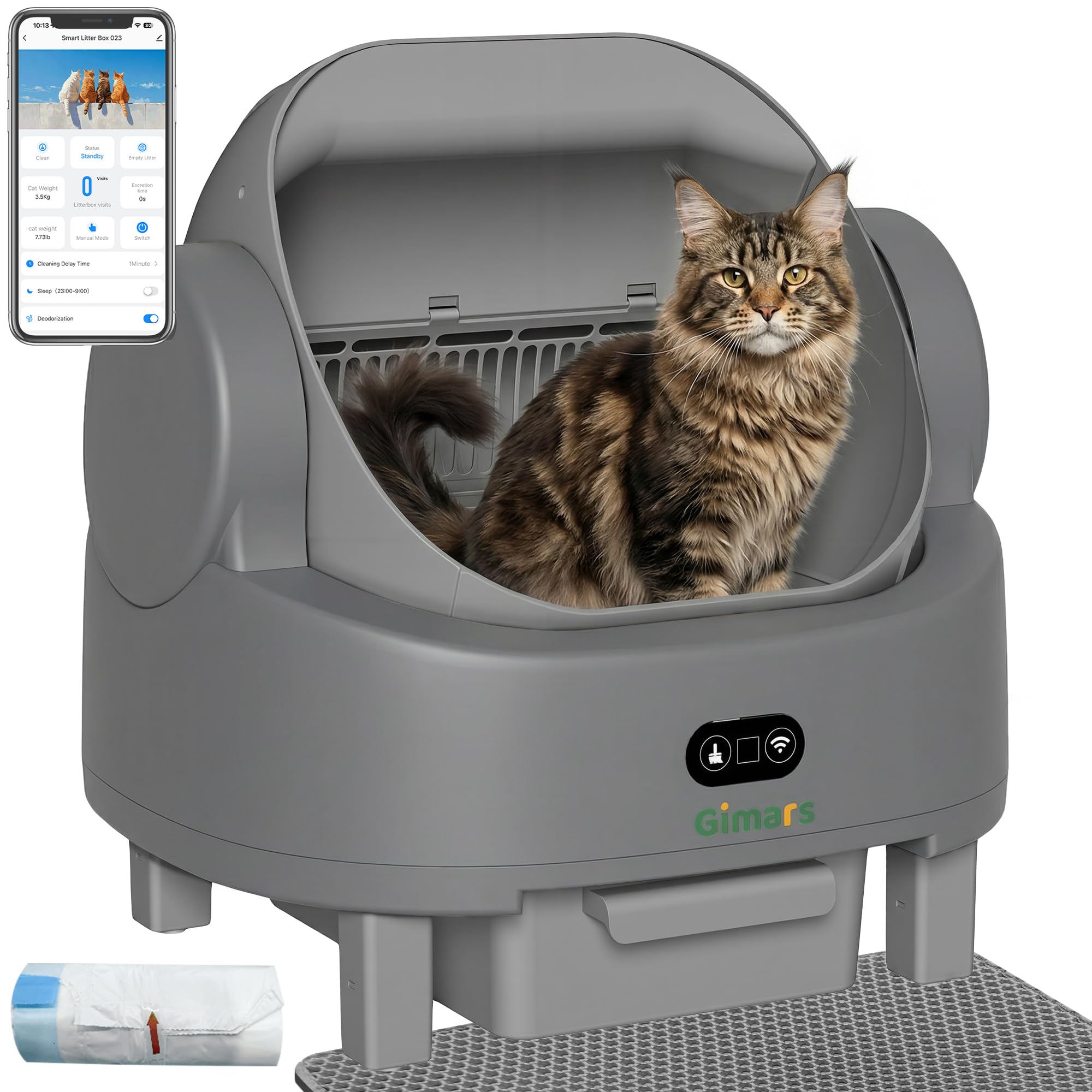 Gimars Open Top Design Self Cleaning Litter Box, Automatic Cat Litter Box for Multiple Cats & Senior Cats, App Control with Safety Sensors, Low Odor, Includes Trash Bags & Litter Mat