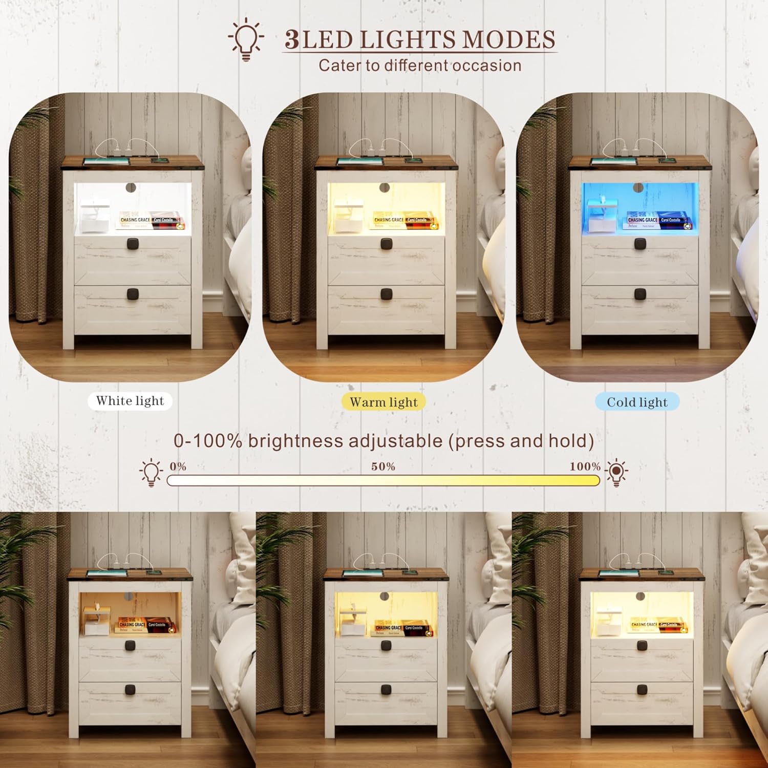 Three LED light modes and brightness adjustment