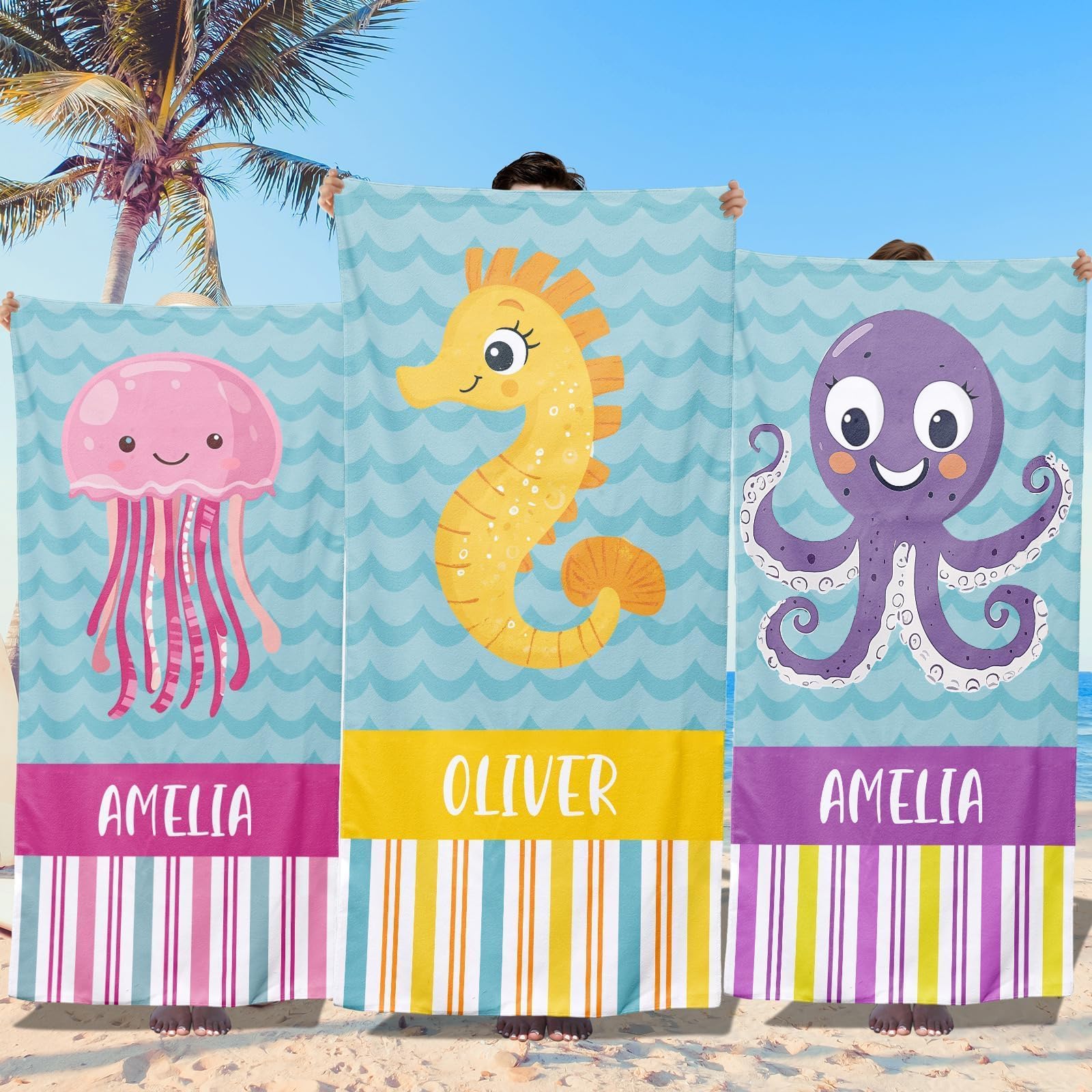 Loosusu Personalised Beach Towels for Kids - Custom Beach Towels with Monogram & Name- Ultra Absorbent Super Soft Swimming Towels for Kids,Customised Bath/Pool/Beach Towel for Boys Girls(Sea)