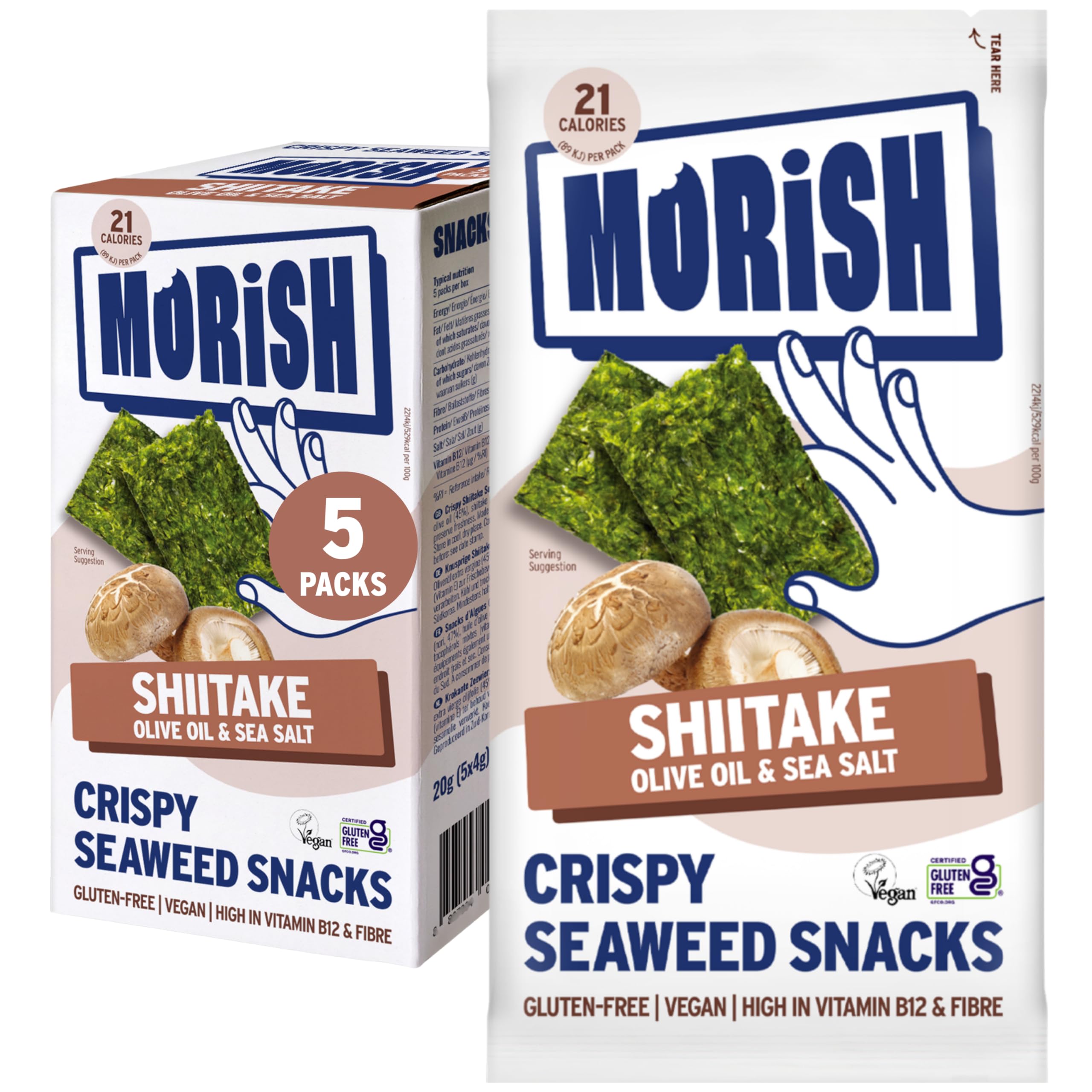 MORiSH Crispy Shiitake Seaweed Snacks | 5 Pack, 21 Calories Each | Light & Crispy Umami Seaweed Thins | Vegan, Gluten-Free, Sugar-Free, Keto-Friendly | High Fibre & Vitamin B12 | Korean Snack