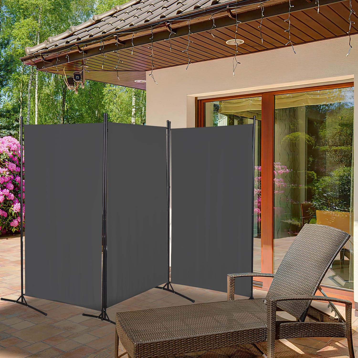 Paravento divisorio pieghevole in 3 pezzi, indipendente, per spogliatoio, schermo visivo da parete, divisorio per interni, esterni, giardino, uffici, terrazza, 260 x 180 cm, grigio scuro