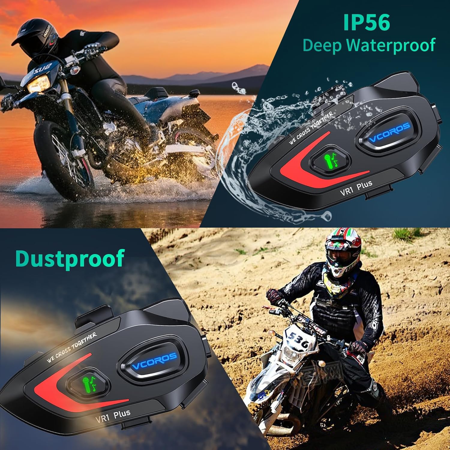 VCOROS Motorcycle Helmet Headset, 2-Way 2 Riders Helmet Intercom, Music Sharing, Waterproof IP56, Scene Mixing, Hi-Fi Sound, AI Voice Assistant, 1 Pack (VR1 Plus Hard Microphone)
