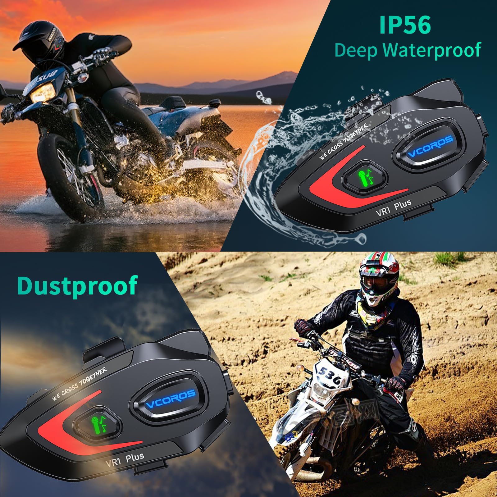 Interfono Moto VR1 Plus,Sistema di Comunicazione per 2 Persone entro 500m,Auricolare Casco Moto,IP56 Impermeabile,Interfono Casco Supporta Le Chiamate Vocali Controllo Della Musica (2Pack Hard Mic)