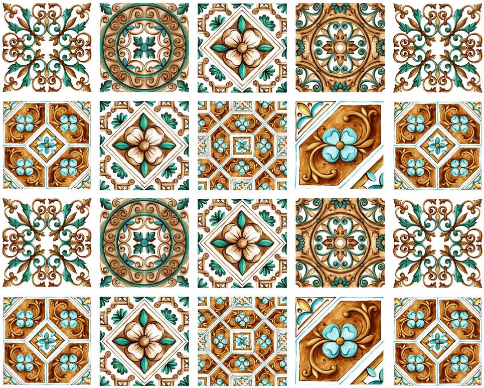Poromoro Spanish Portuguese Azulejo Style Backsplash Peel and Stick Tile Stickers Set of 20 pcs(3.9_H)