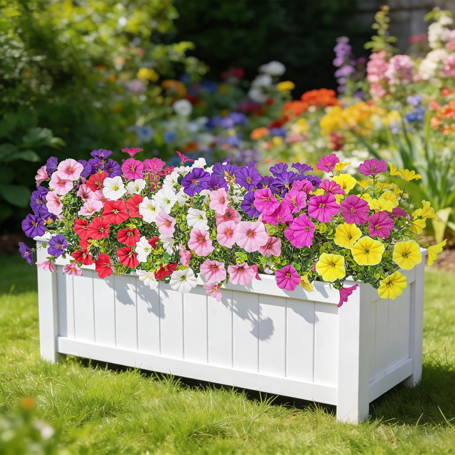 Ouddy Decor 24 Bundles Artificial Flowers for Outdoors, Fake Petunias Flowers Silk Morning Glory with Eucalyptus Faux Plants for Indoor Outside Spring Summer Yard Garden Porch Home Decor, Multicolor