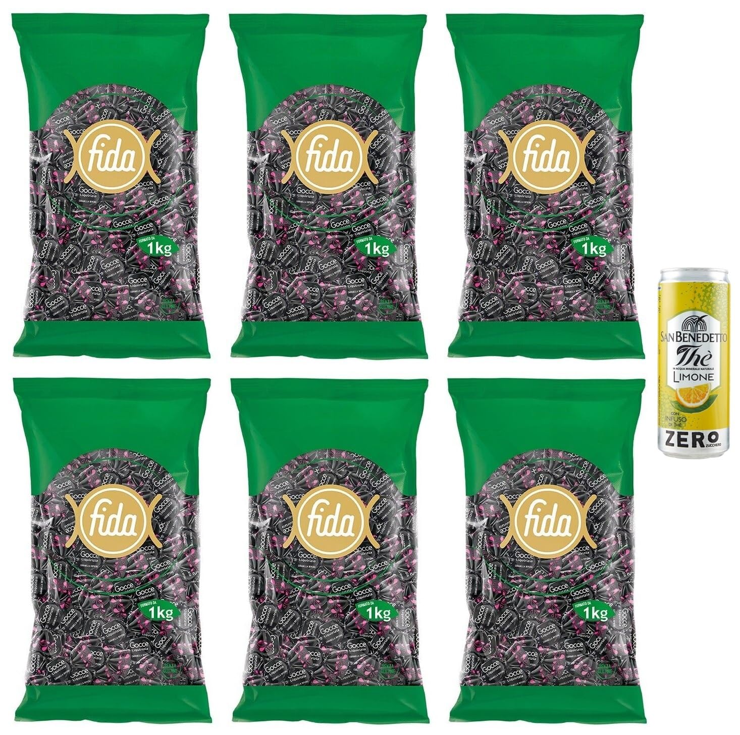 6er-Pack FIDA Rossana Gocce Liquirizia Bonbons mit Lakritze gefüllte 1Kg Beutel + 1er-Pack Kostenlos San Benedetto Eistee mit Zitrone Ohne Zucker 330ml Dose