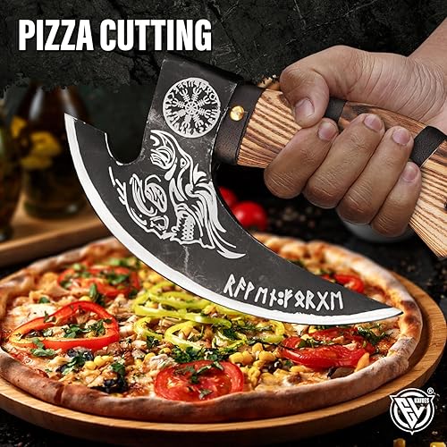 Miniatura 4 de Edgelandknives® Hacha de pizza vikinga multiusos con funda, hacha de carnicero vikingo, hacha cortadora de pizza vikinga, mango de madera quemada y