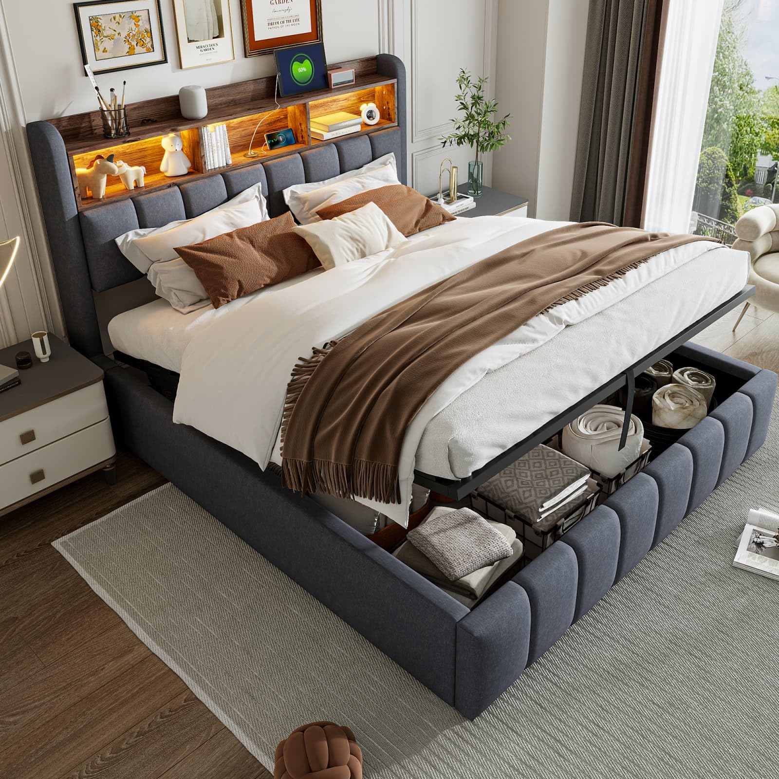 KOMHTOM Lit Rembourré avec éclairage LED et Port de Charge, Lit Hydraulique avec Espace de Rangement sous Le lit et Sommier à Lattes, Lin(sans Matelas) (Gris, 180x200 cm)