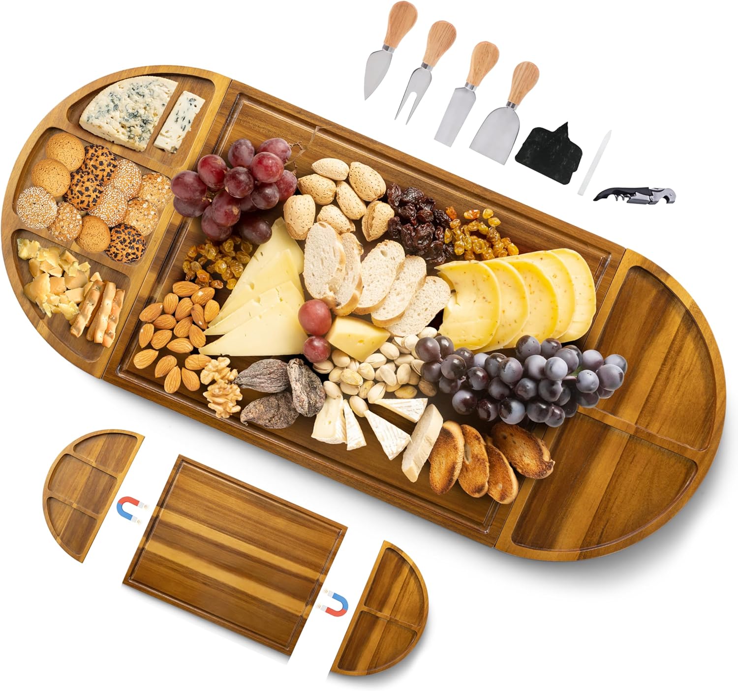 Extra Large Charcuterie Boards, 30'' x 13'' Acacia Cheese Board 3 Part Magnetic Long & Round Boards with Knive Set, Wine Opener & Cheese Marker, Unique Serving Tray for Birthday, Wedding Gift