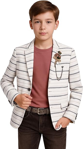 Boys Horizontal Striped Slim Fit Fashion Blazer Casual Special Occasion Birthday Wedding Dinner Prom Party Suit Jacket