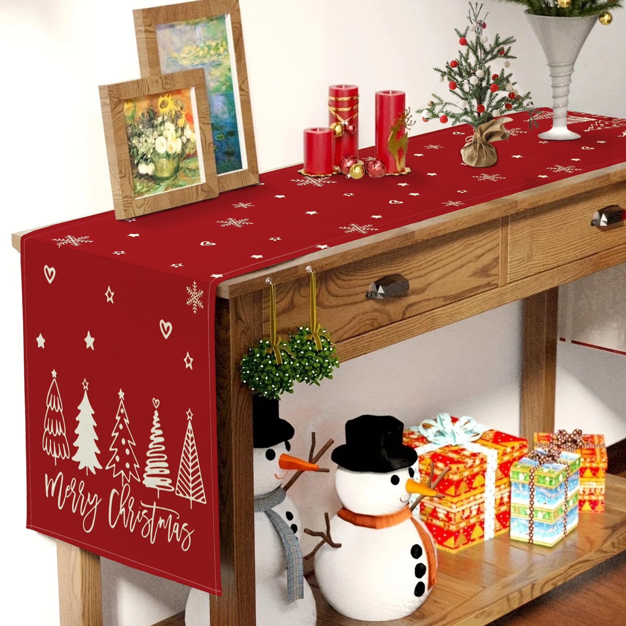 Runner Natalizio Per Tavolo 40x140 Cm | Centrotavola Rosso E Bianco Con Alberi E Fiocchi Di Neve | Decorazione Natale