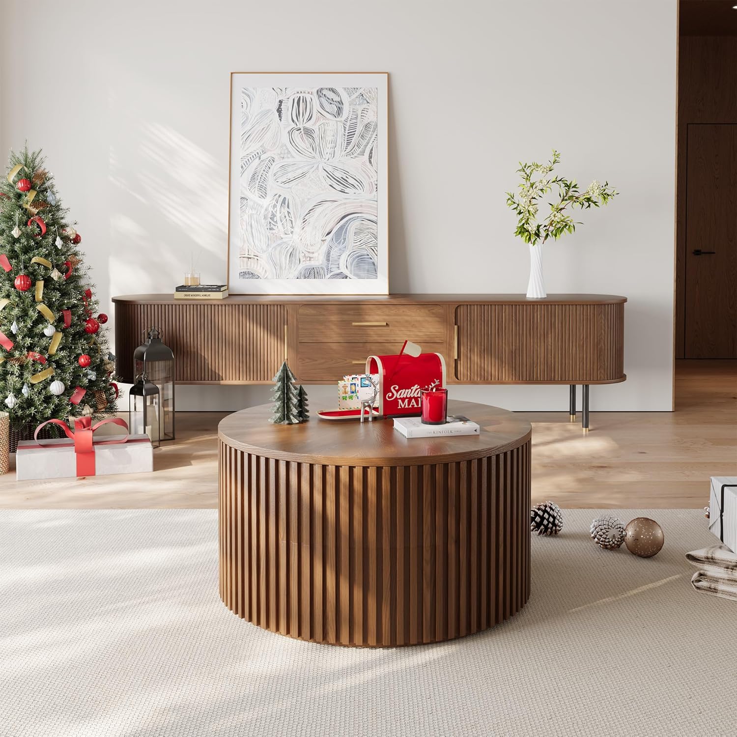 POVISON Round Coffee Table with Lifting Top, Mid Century Modern 39.37" Coffee Table with Storage for Living Room Table for Home Office, Light Walnut, Fully Assembled