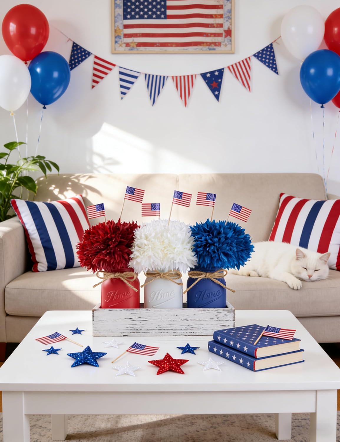4th of July Table Decorations, Mason Jar Memorial Day Decor with Red White and Blue Faux Ball Chrysanthemum, 4th of July Patriotic Centerpieces for Table, 19 Pcs Independence Day Decorations
