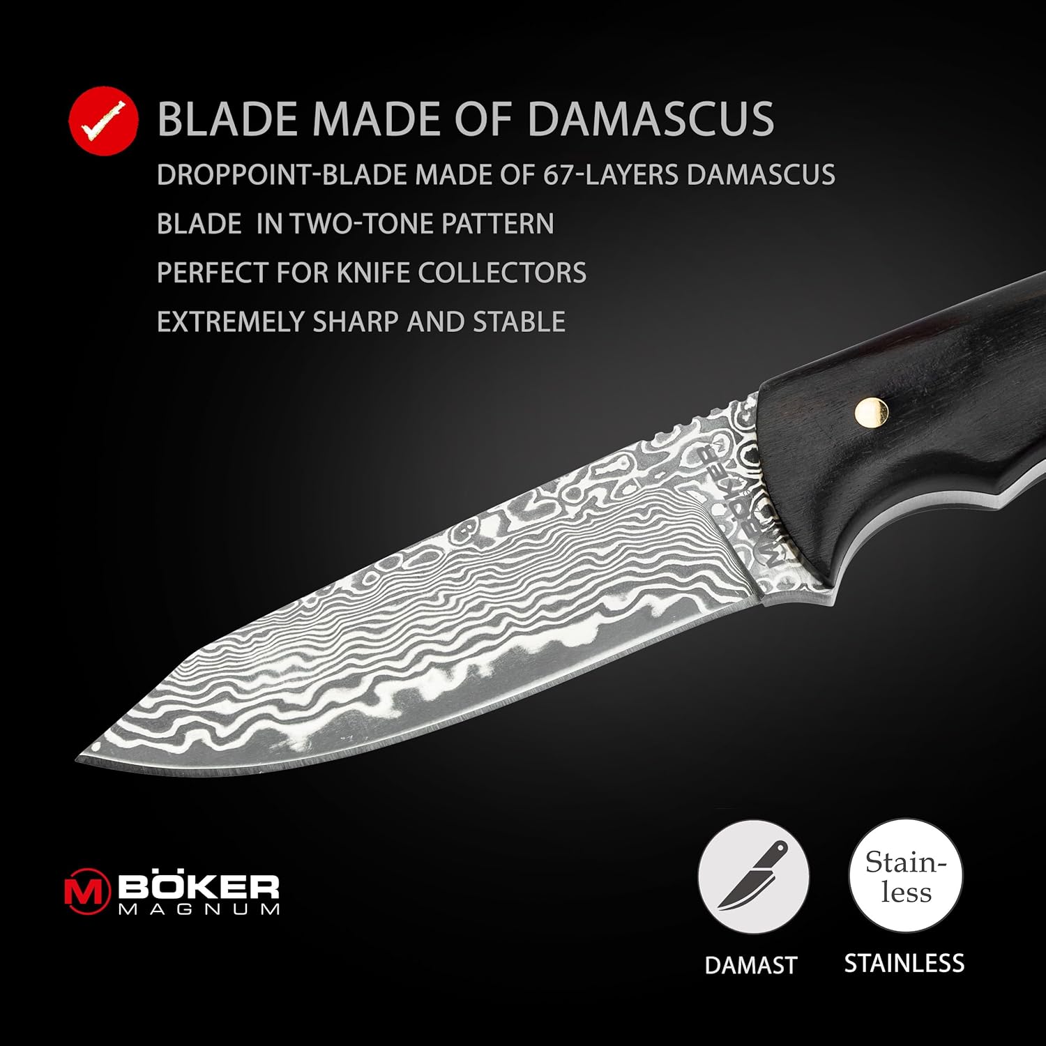 BOKER MAGNUM® Vernery Damascus Knife - Fixed Blade Hunting Knife with 67-Layer Damascus Blade – Ebony Wood Handle – Includes Black Leather Sheath