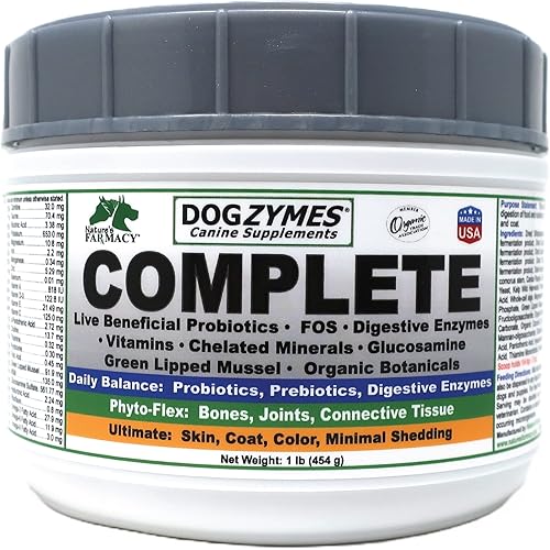 Dogzymes Completo - Probióticos, prebióticos, glucosamina, condroitina, MSM y ácido hialurónico, cuidado completo de la piel y el pelaje (1 libra)