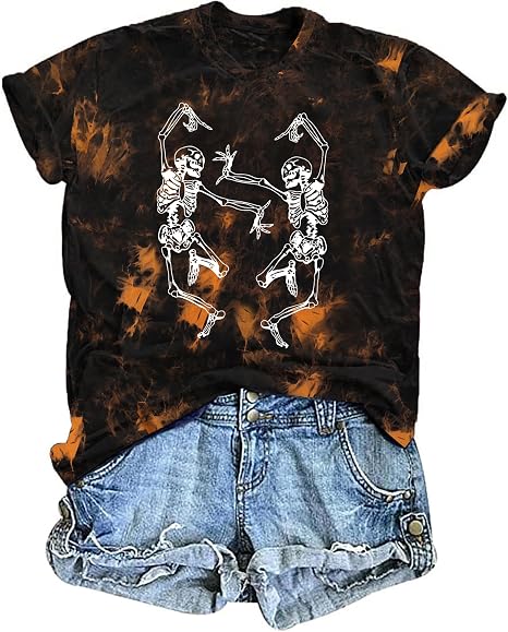 Dancing Skeleton Shirt for Women Happy Halloween T-Shirt Short Sleeve