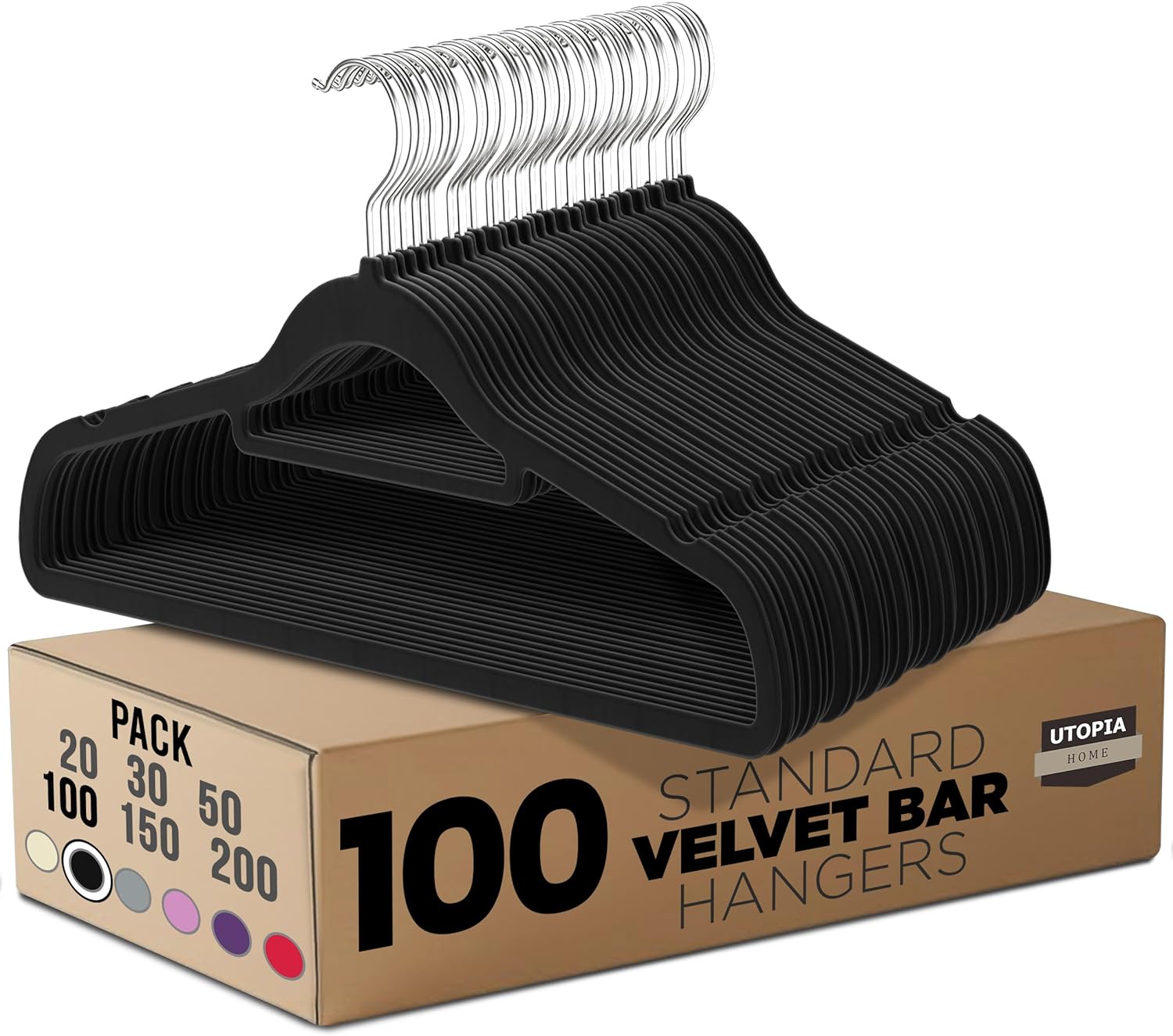 Utopia Home Velvet Hangers 100 Pack - Non-Slip Slim Clothes and Coat Hangers with Tie Bar, Heavy Duty Design, 360° Swivel Hook - Black