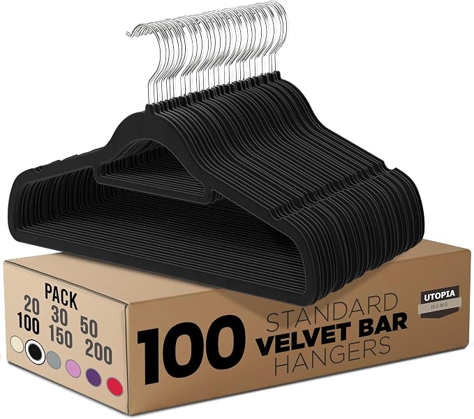 Utopia Home Velvet Hangers 100 Pack – Premium Non-Slip Slim Clothes & Coat Hangers with Tie Bar, Space-Saving Heavy Duty Design, 360° Swivel Hook – Black