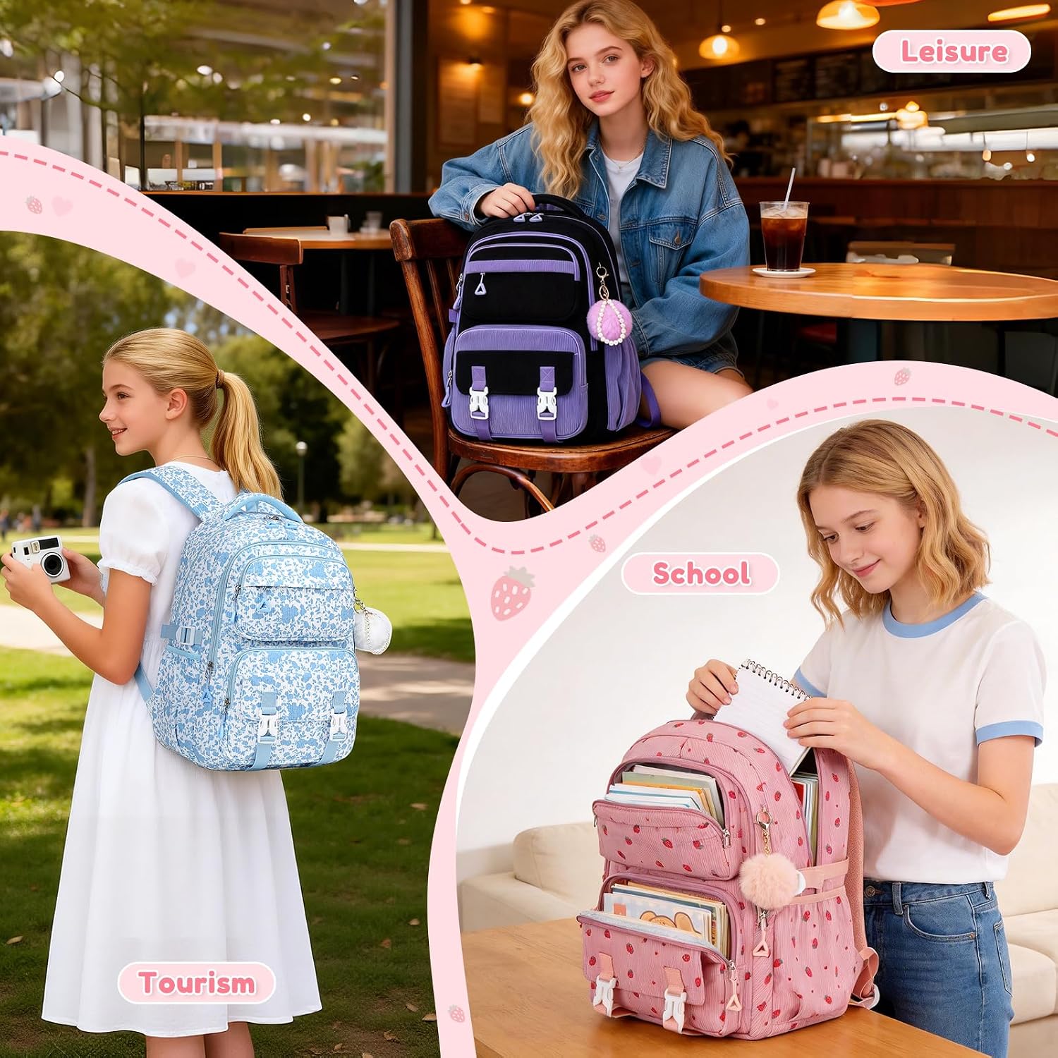 Girls Backpack, Kids Backpack for Girls, School Bag for Primary Elementary & Middle School Students, Bookbags for Teen Girl, Corduroy Laptop Backpack Travel Daypack, Pink Strawberry