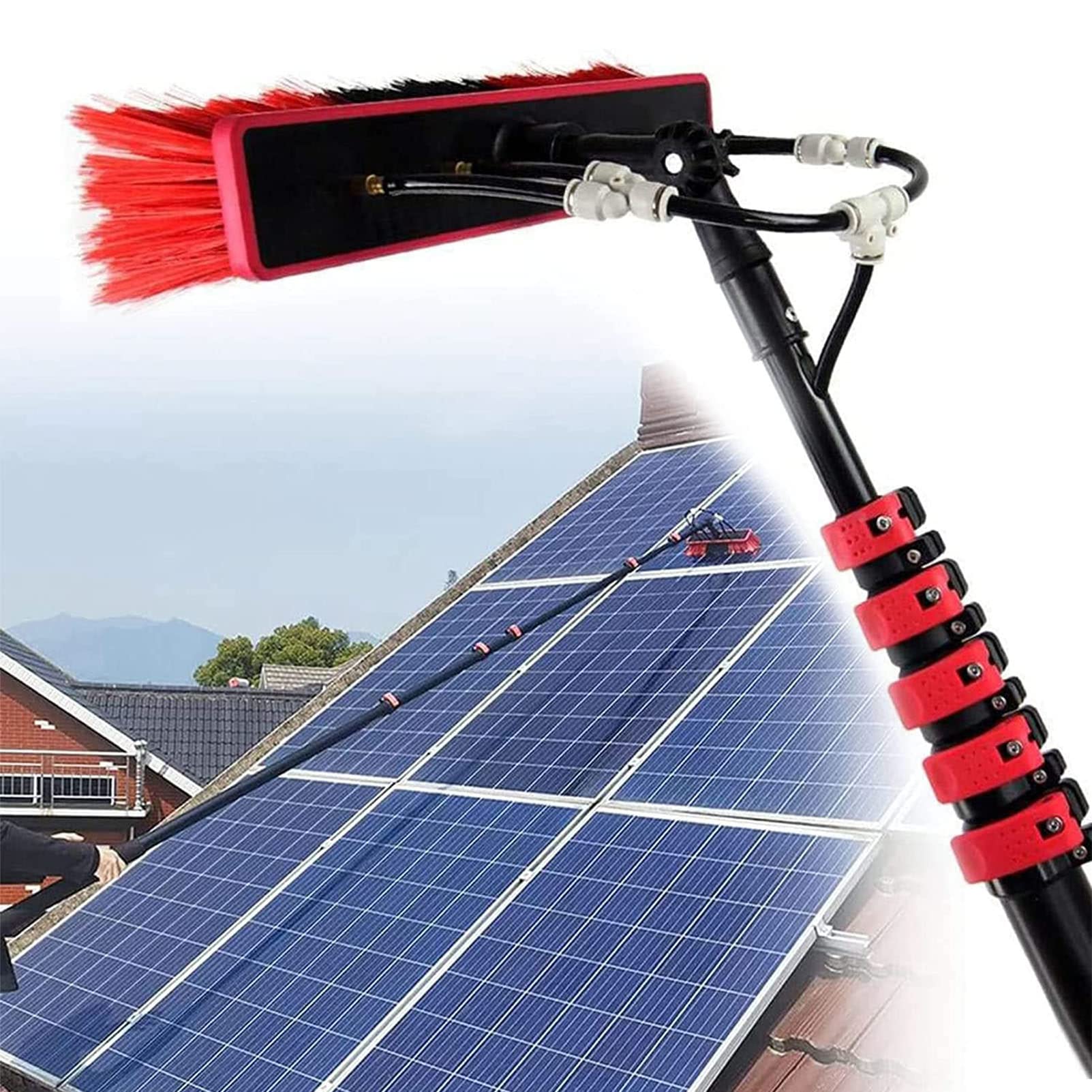 Aioneer 3.6-10.8M Solar Panel Cleaning Brush Water Fed Pole Kit With Squeegee And Soap Dispenser, Outdoor Window Washing Equipment Rotating Brush Head Extendable Window Cleaner T-30ft/9m-6M