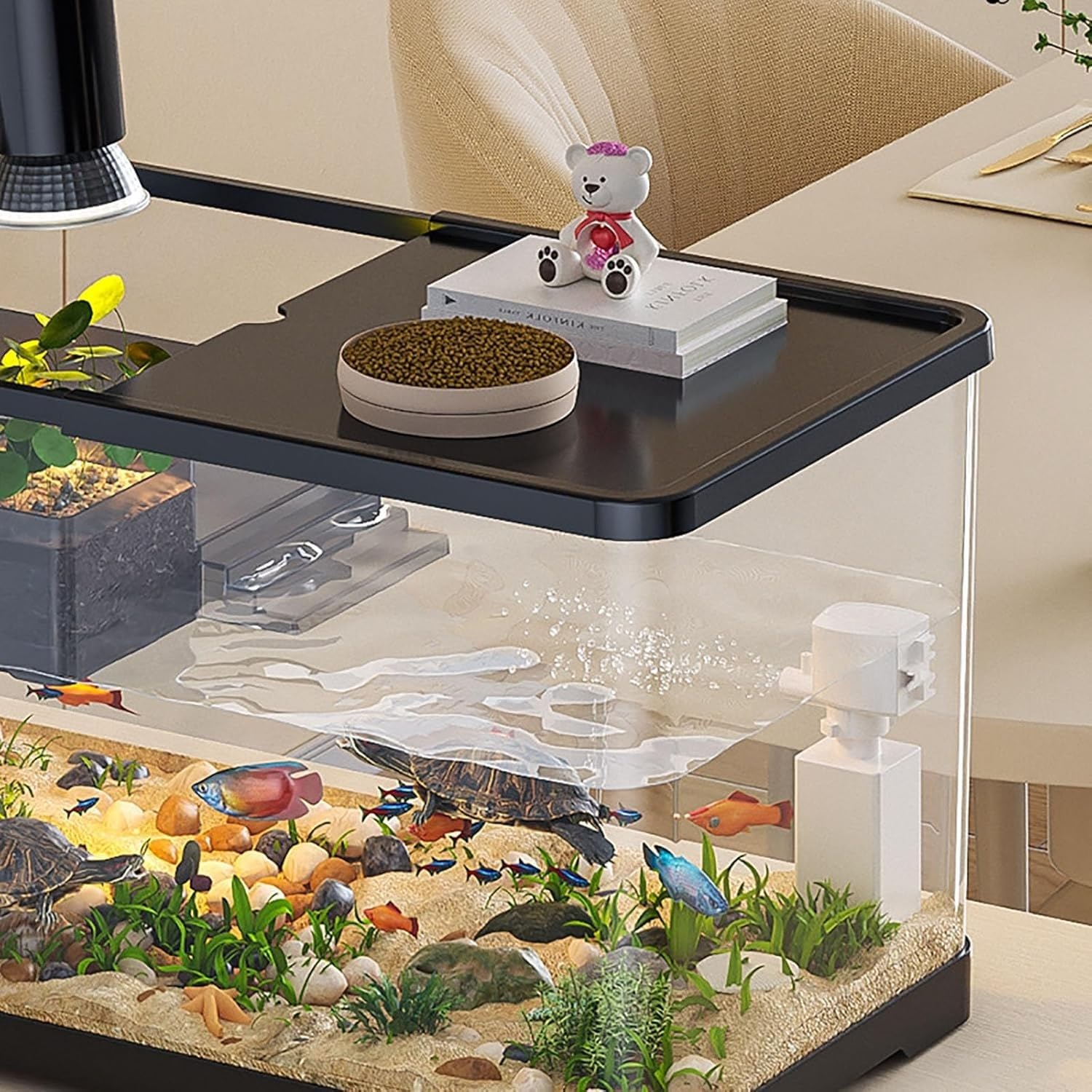 Tank-Aquarium, Komplettes Startergehäuse for Wasserschildkröten Mit Filter, Sumpfschildkrötensee Wasserpumpe, for Den Lebensraum Von Haustier-Reptilien(L-19.5 * 8.5 * 8.3in)