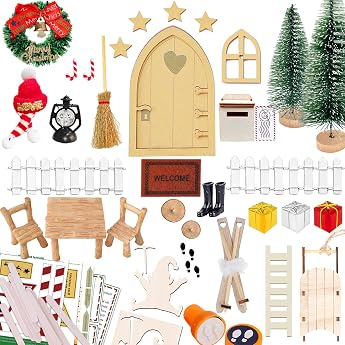YUNSTK Wichtelt r Zubeh r Weihnachten Set Wichtel T r Nissedor mit Holzleiter Schlitten Wichtelschablone Wichtelt r Baustelle Weihnachtsbaum Kranz Teppich Zaun Postfach Miniatur Elfent r Feent r