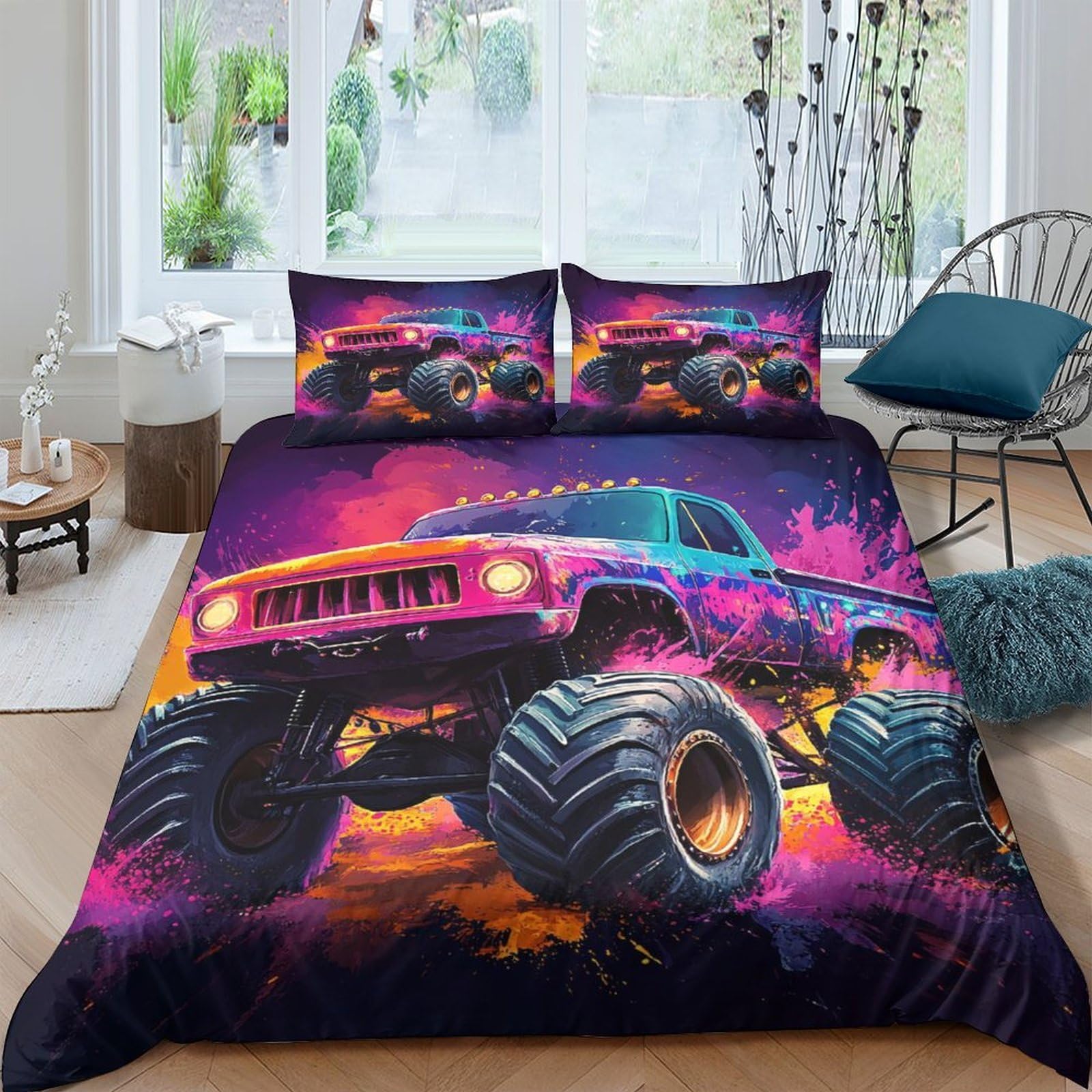 TUFRTGYHN 3D Printed Monster Truck Duvet Cover Microfiber Soft Bedding Set with 2 Pillowcases for Bedroom Decor, Boys, Adults Single（135x200cm）