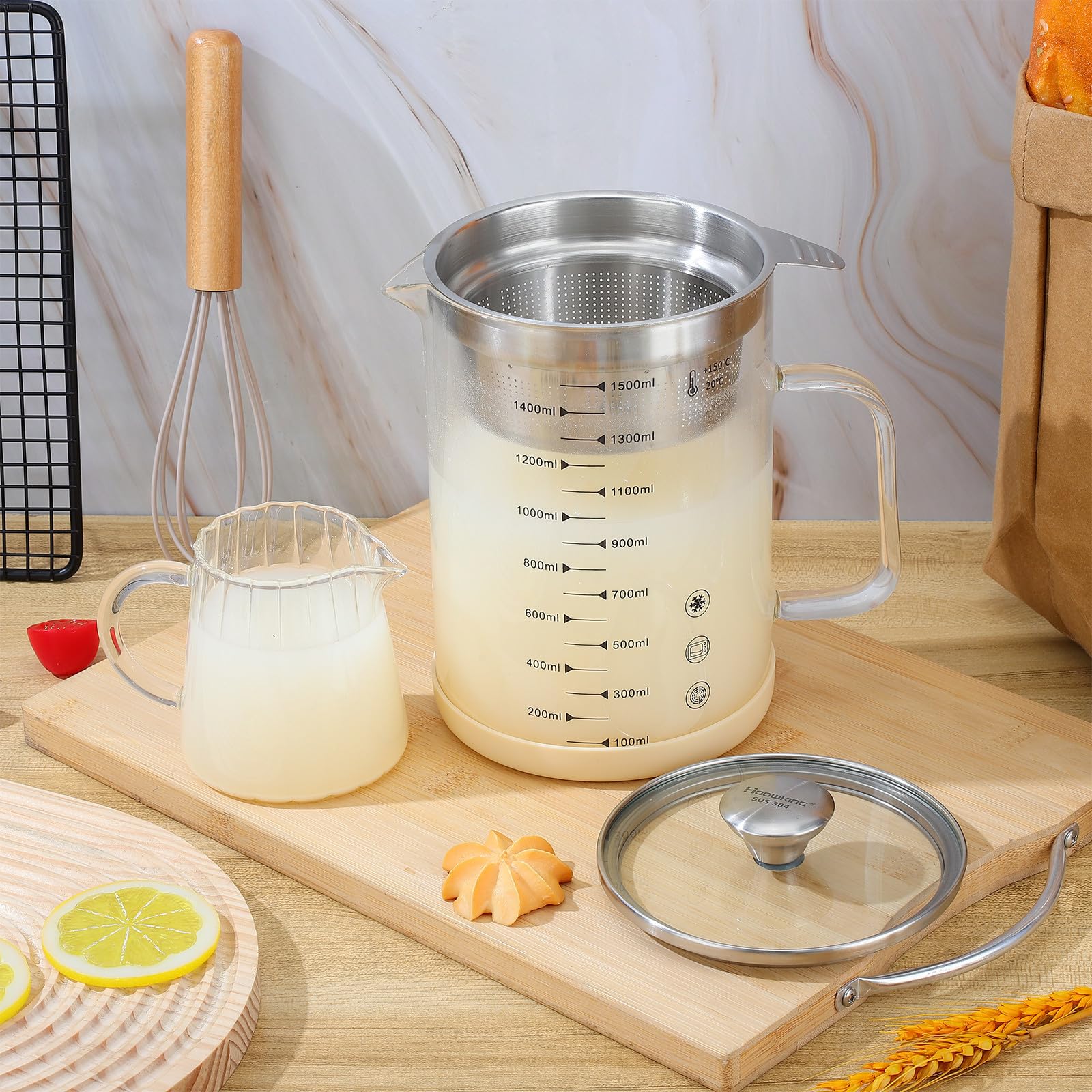 HEMOTON Passoire Métallique 1500ml pour Lait de Soja en Verre et Acier Inoxydable Facile à Ranger à Mailles Fines Carafe à Thé Filtre pour Ustensiles Cuisine