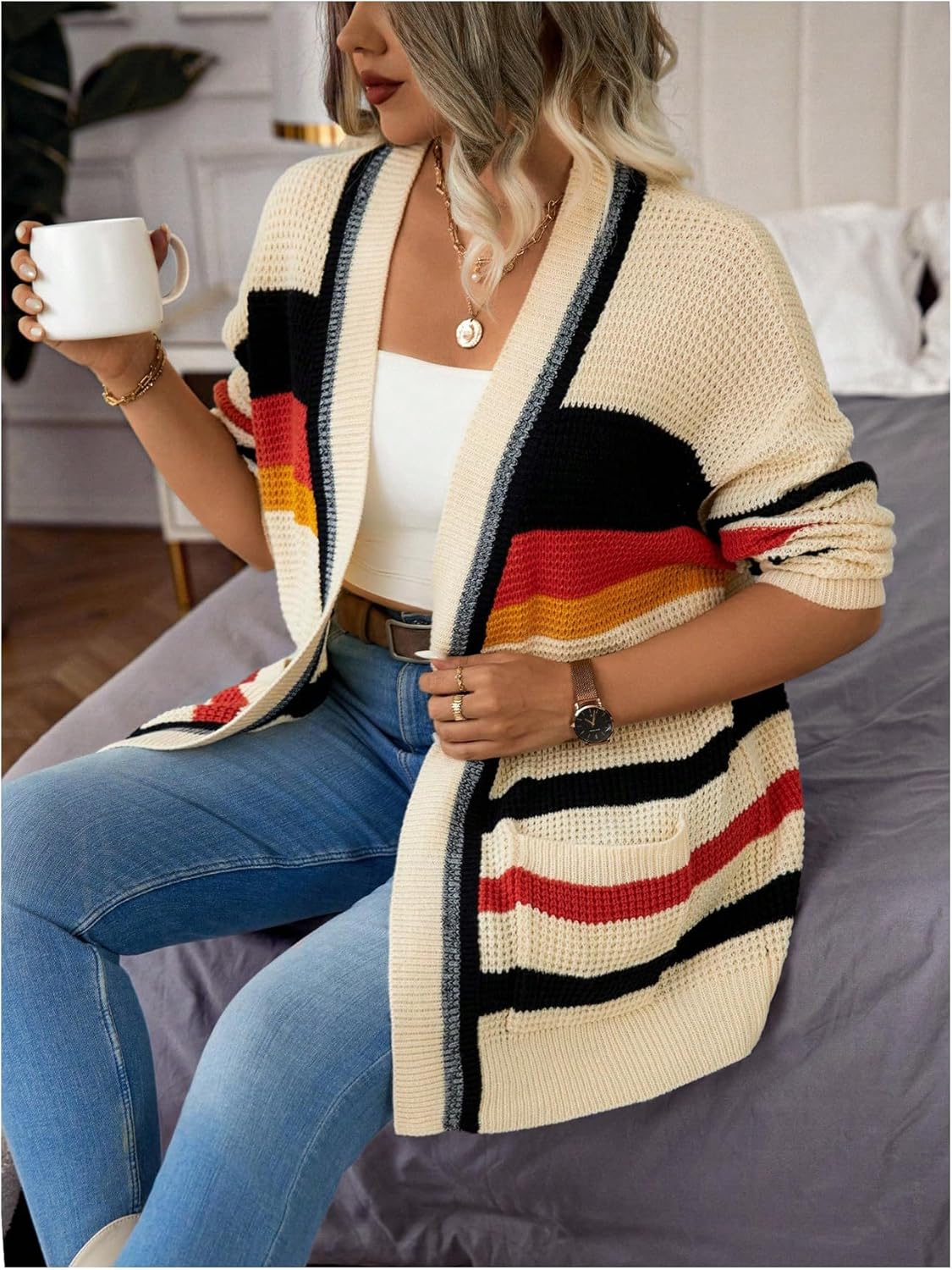 WDIRARA Women's Plus Size Striped Cardigan Sweaters Open Front Long Sleeve Loose Knit Outerwear with Pockets - Image 5
