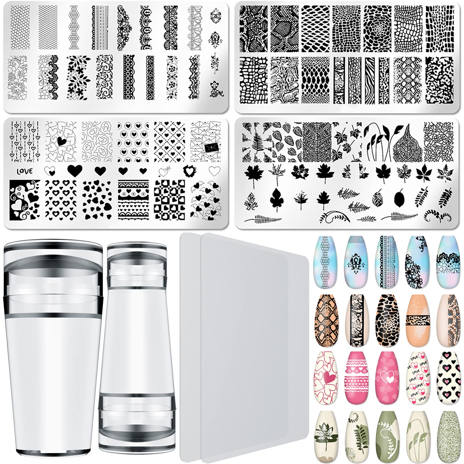 Nail Art Stamper + Scraper + Stamping Plate Kit, Includes 2 Different Nail Stampers(3 Size Stamping Heads), 2 Transparent Scraper, 4 Fashion Nail Art Pattern Templates, French Nails Decorations Tool