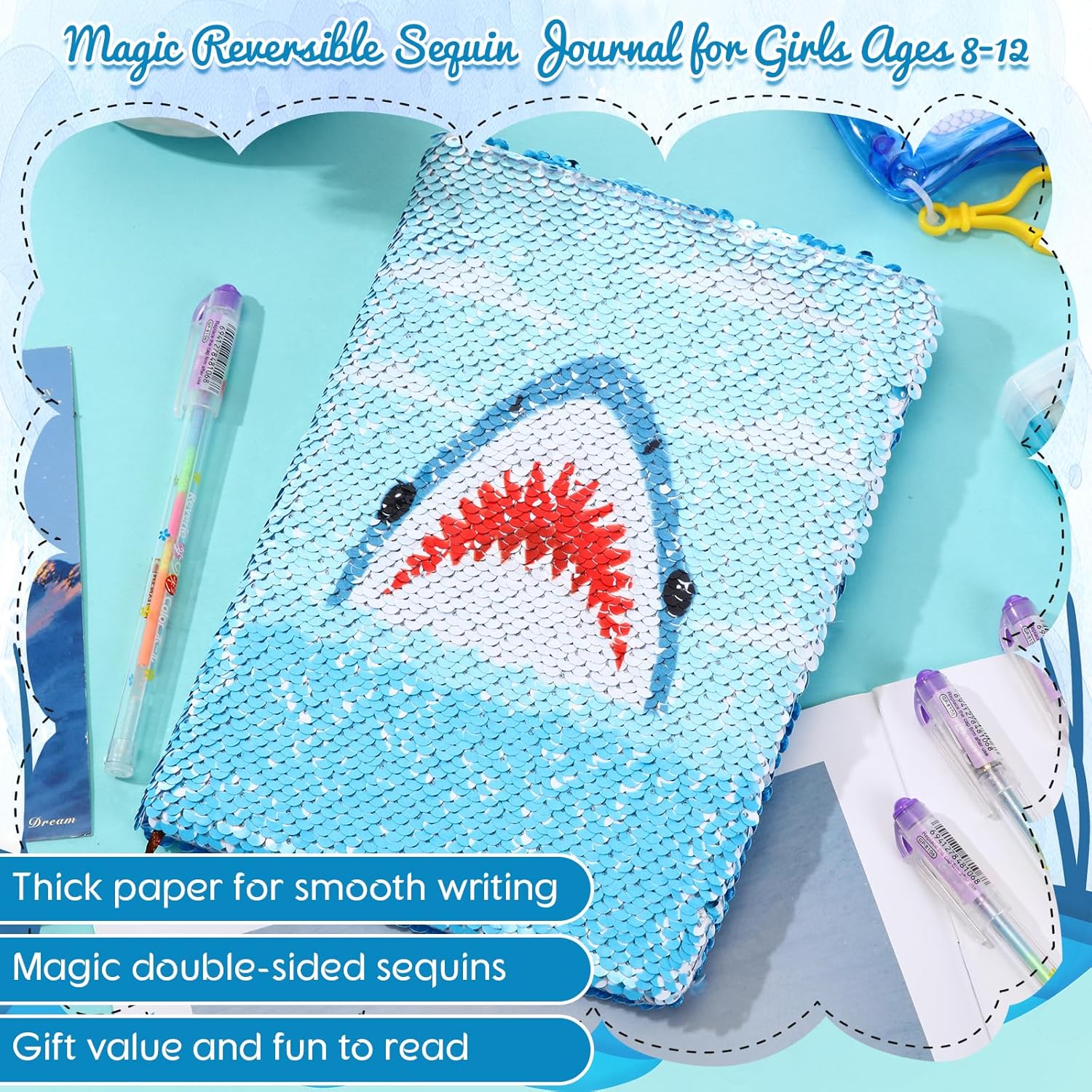 Outus 4 Pcs Sequin Girls Journal Valentines Journal Gift with Color Gel Ink Pens Glitter Notebook Flip Writing Diary for Kids Girl Writing Drawing Travel Gifts(Light Blue,Shark)
