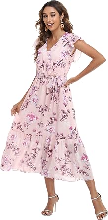 VintageClothing Womens Sundress Casual Floral Summer Boho Dress | Flowy Wrap V Neck Ruffle A-Line Pleated Hem Midi Dresses