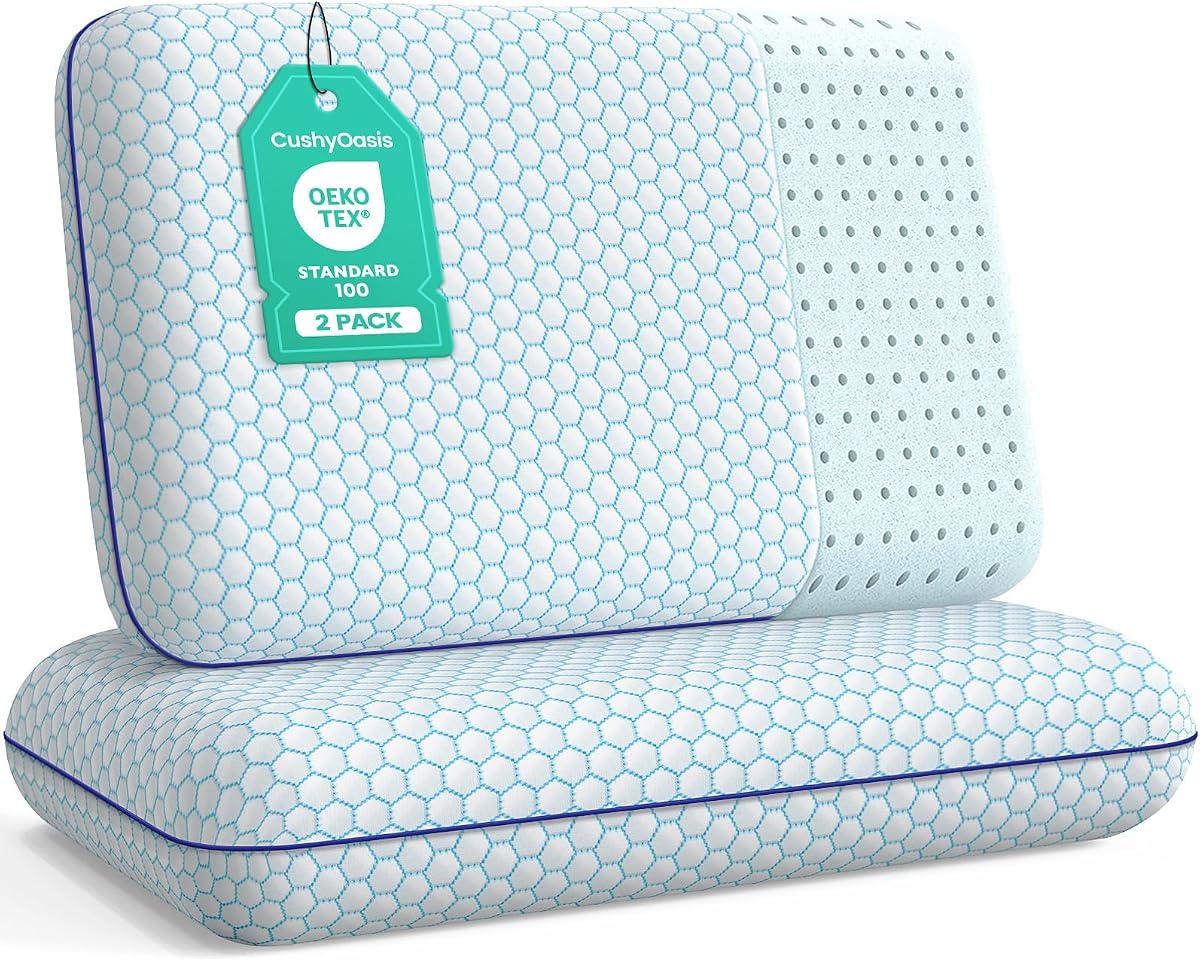 CushyOasis Bed Pillows for Sleeping 2PCS, Memory Foam, Standard Size, Blue | For Side, Back, Stomach Sleepers, Soft & Supportive, Breathable mesh cover, Ergonomic support, Machine Washable, 25"x16.2"