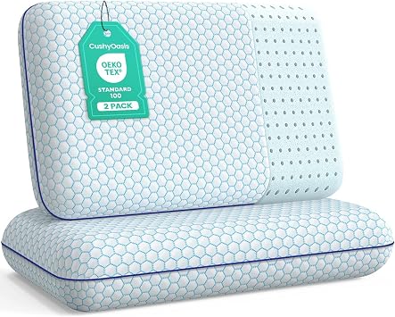 CushyOasis Memory Foam Pillows for Side, Back and Stomach Sleepers, Set of 2, Bed Pillow with Washable Cover and Breathable Mesh, Bed Pillow for Sleeping Blue,Standard Size