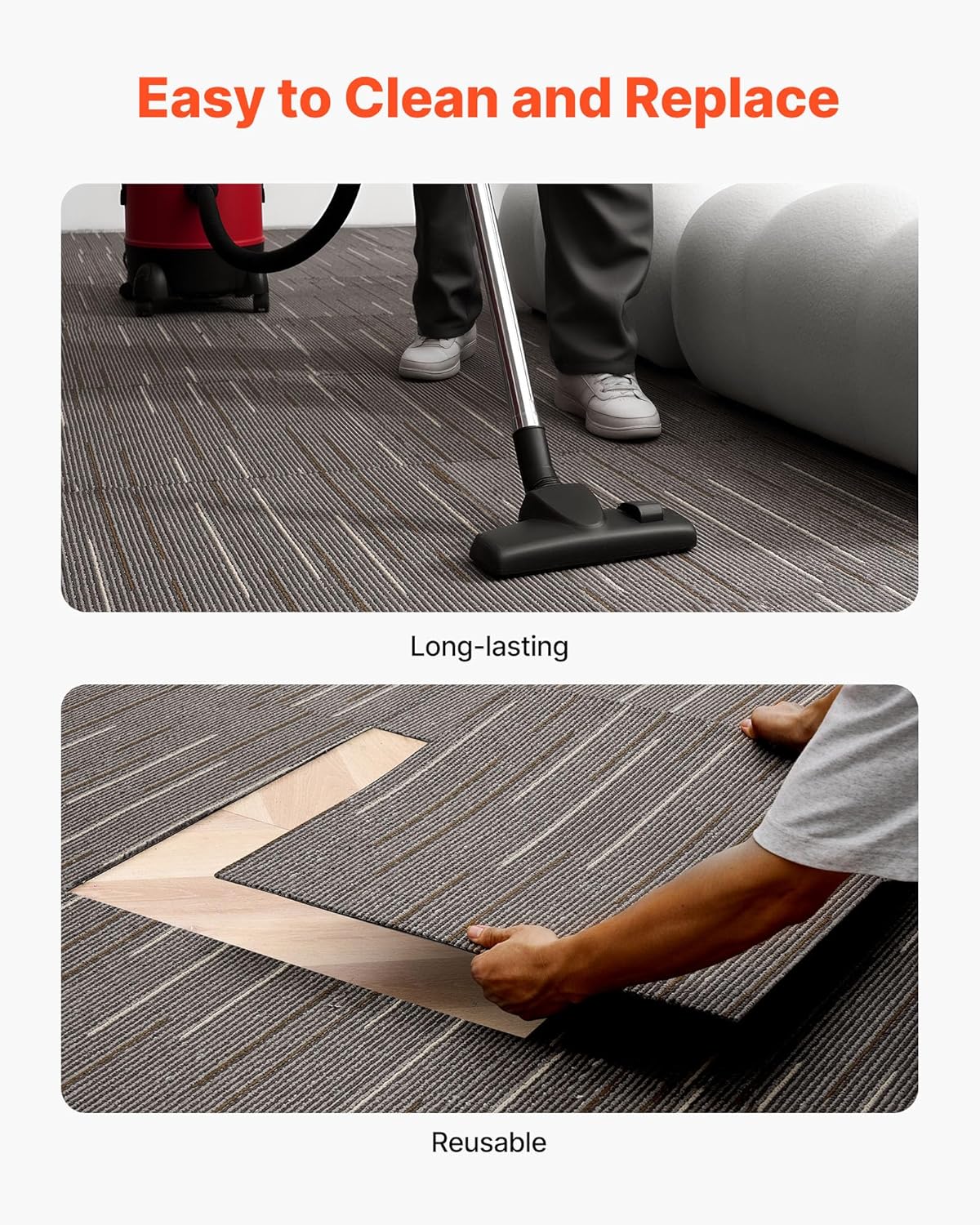 VEVOR Carpet Tiles Reusable 24x24 inch, 24 PCS Modular Carpet Square Rug, Commercial Floor Soft Padded for Seamless Cover 96sq.ft, Easy DIY for Living Room Bedroom Office Indoor,Dark Brown