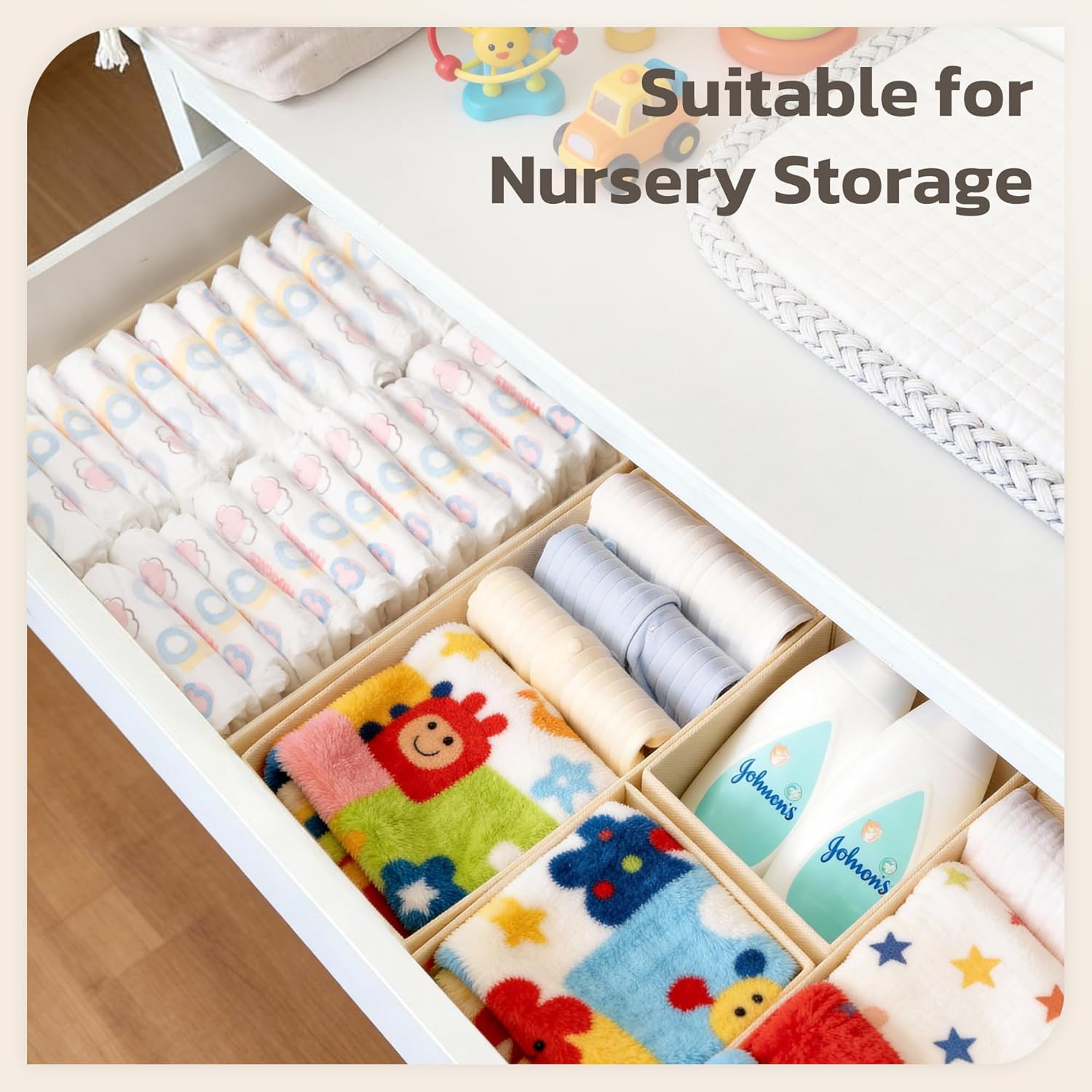 Drawer Organizer, 16 Pack Baby Dresser Organizer for Nursery, Foldable Closet Organizers and Storage Dresser Dividers for Clothes, Socks, Scarves, Ties (Beige)