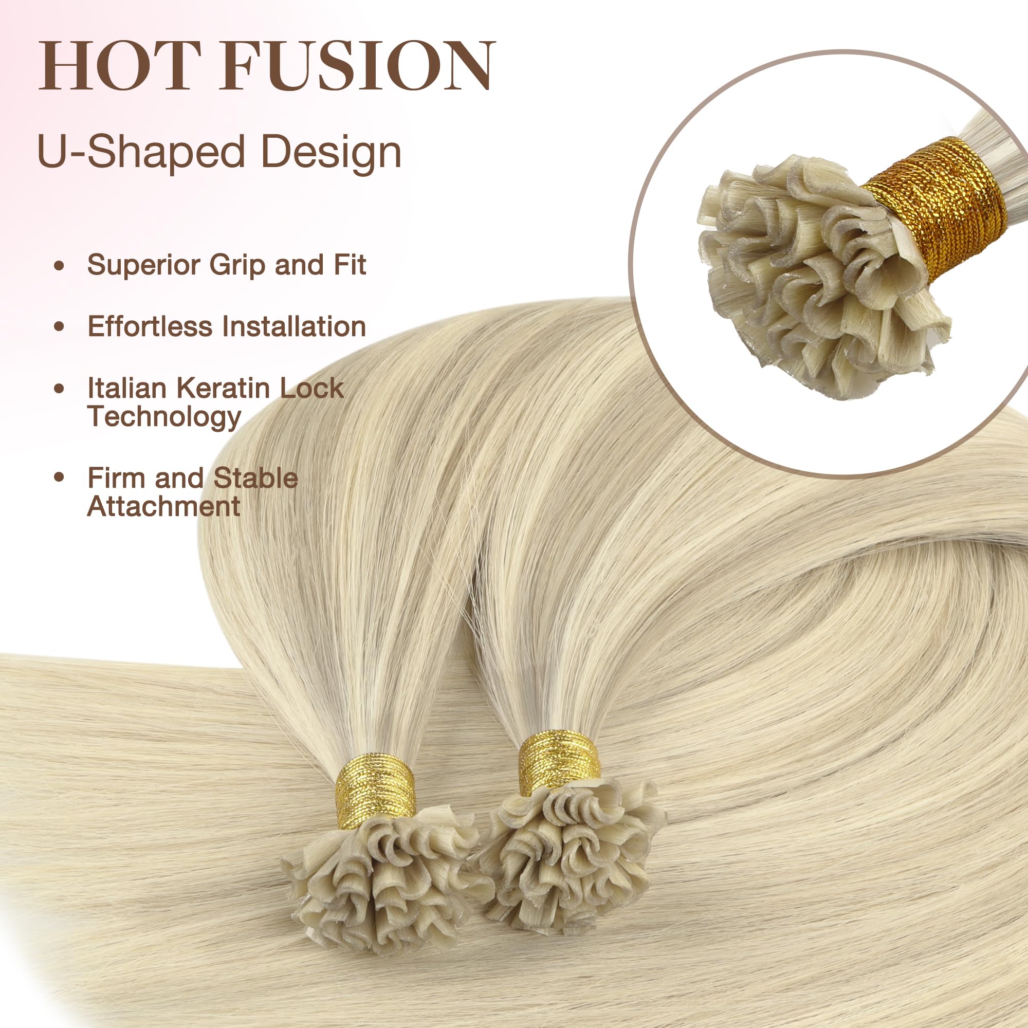 GOO GOO U Tip Hair Extensions Real Human Hair,Ash Blonde Highlighted Platinum Blonde 50g 14inch 50 Strands Hot Fusion Keratin Hair Extensions - Image 4