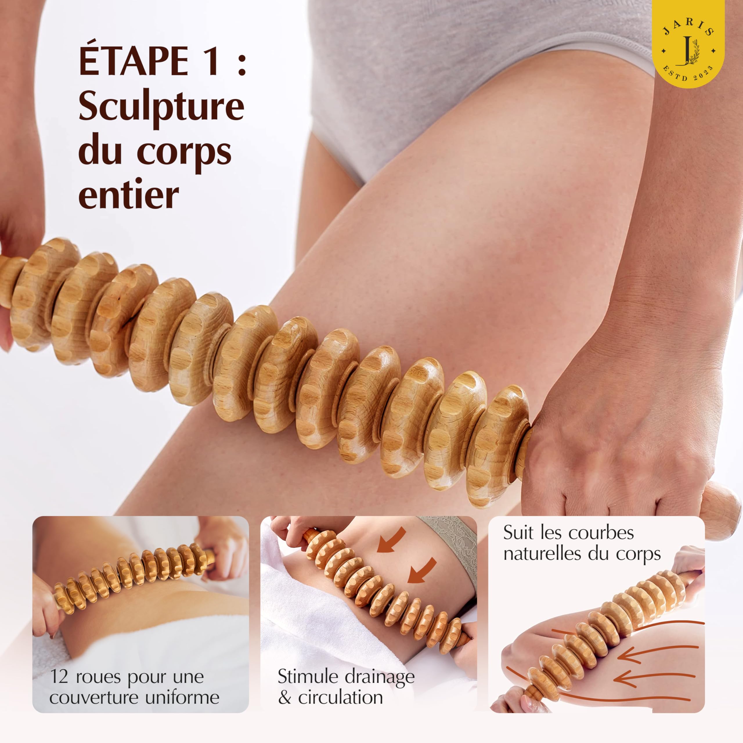 Kit Maderothérapie Ventre Plat – Anti-Cellulite pour Maison – Drainage Lymphatique & Massage Raffermissant – Rouleau Bois + Champignon – Améliore la Circulation – Guide en Ligne (QR Code)