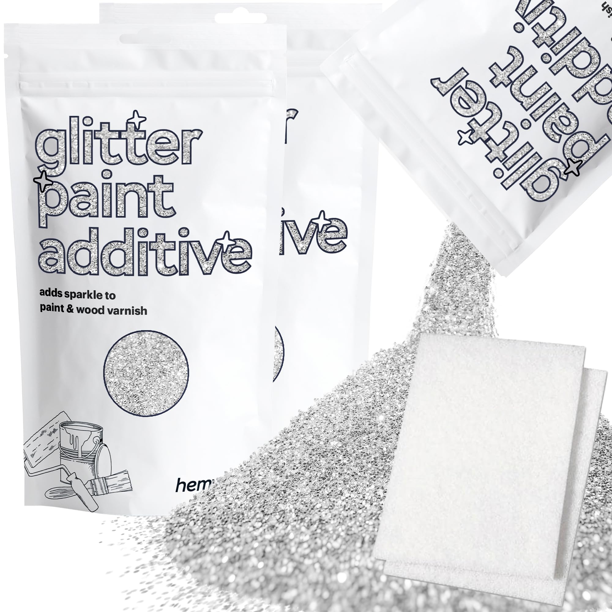 Hemway Silver Glitter Paint Additive 200g with 2X Buffing Pads for Adding Sparkle to Paints & Varnish | Paint Walls Sparkly Add to Emulsion, Acrylic or Lacquer Indoor