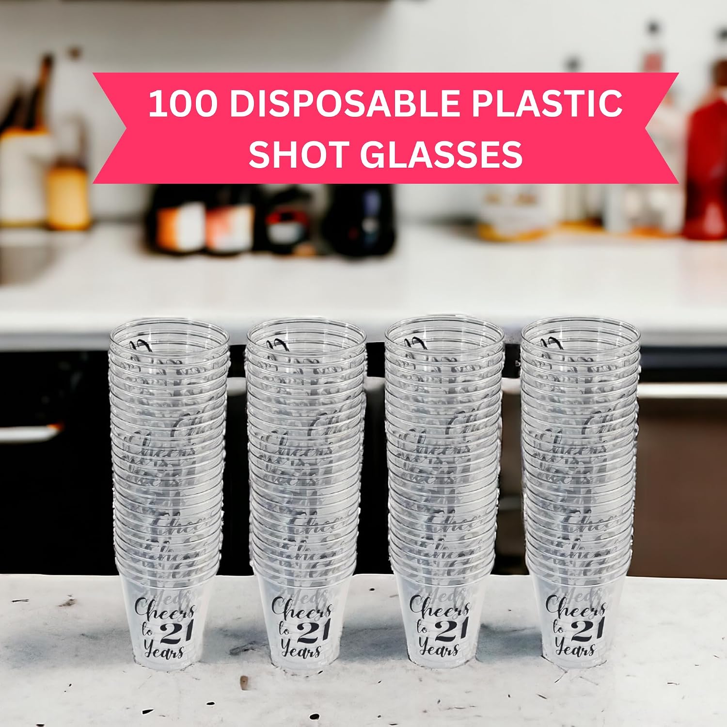 Cloverjoyed 21st Birthday Plastic Shot Glasses, 100 Pack, Cheers to 21 Years Disposable Party Drinking Mini Cups, Favors, Decorations, Games, Gag Gifts