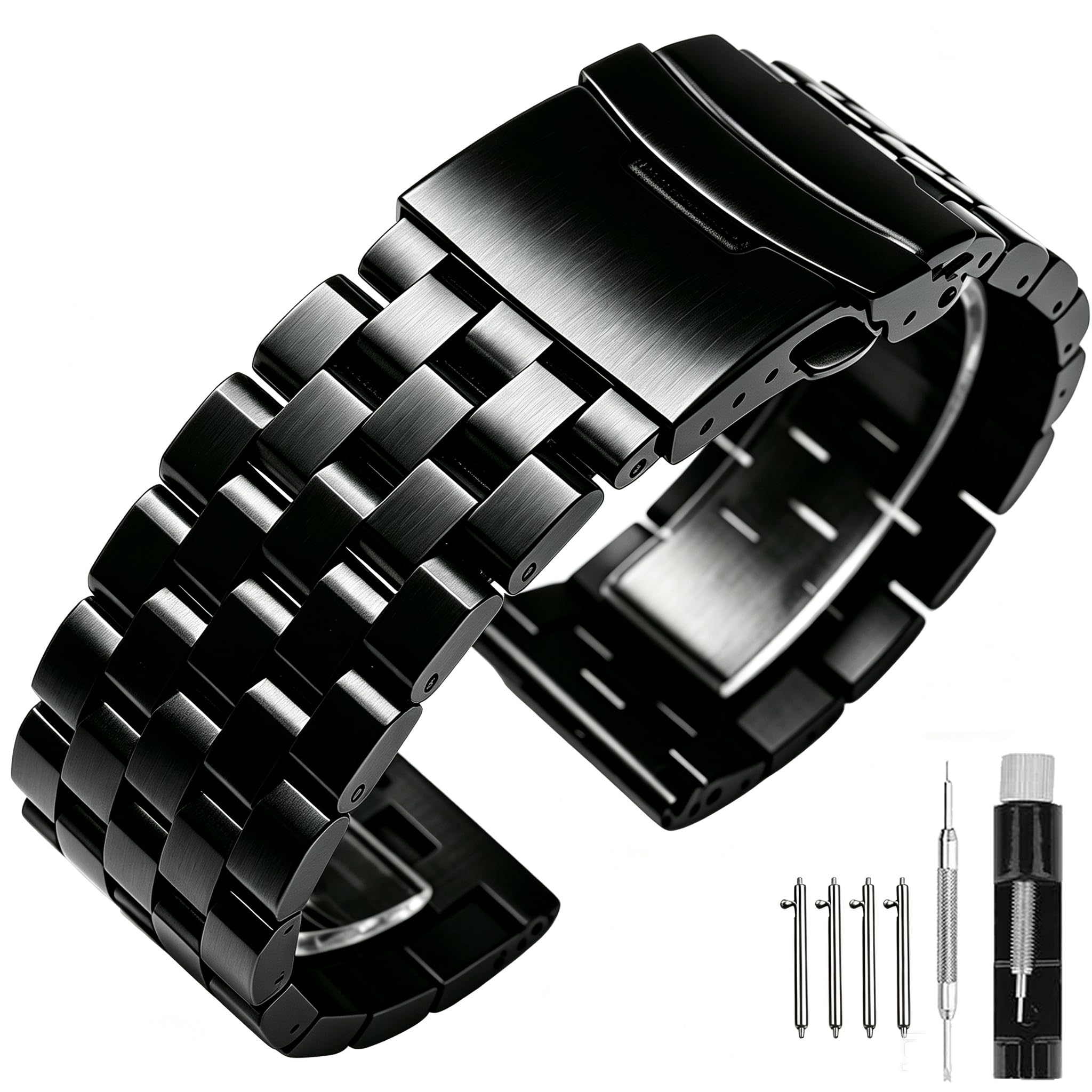 Gebürstete Metallarmbänder für Herren und Damen Massives Edelstahlarmband 18/20/22/24/26 mm Uhrenarmband mit Faltschließe und doppelter Verriegelung Schwarz Silber Blau
