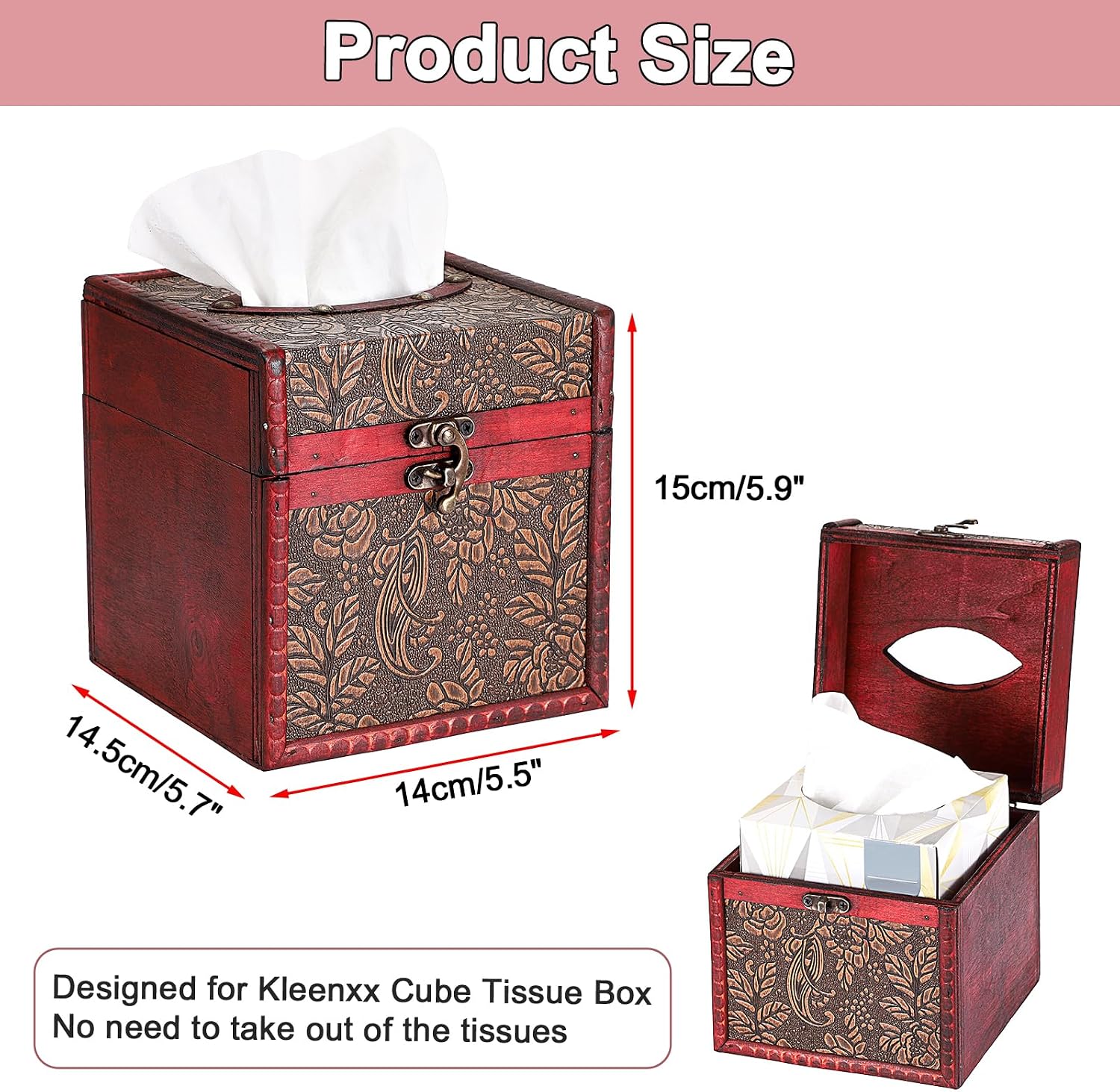 Sumnacon Vintage Wood Tissue Box Cover, Square Tissue Holder, Reddish Brown