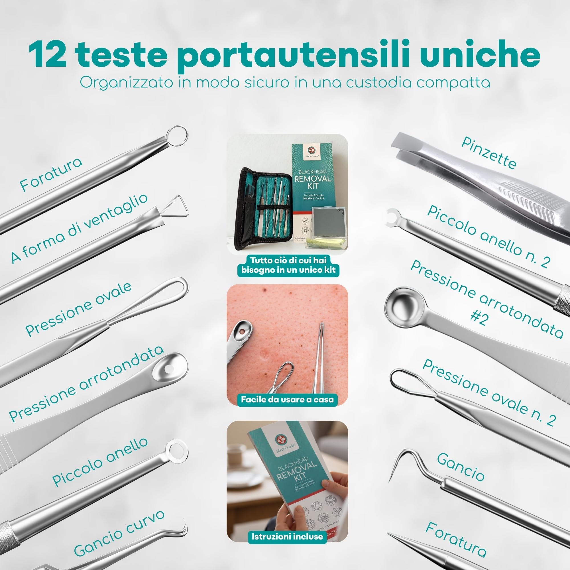 Medi Grade Kit Schiaccia Brufoli e Estrattore Punti Neri Medi Grade, Set di 7 Strumenti Togli Punti Neri