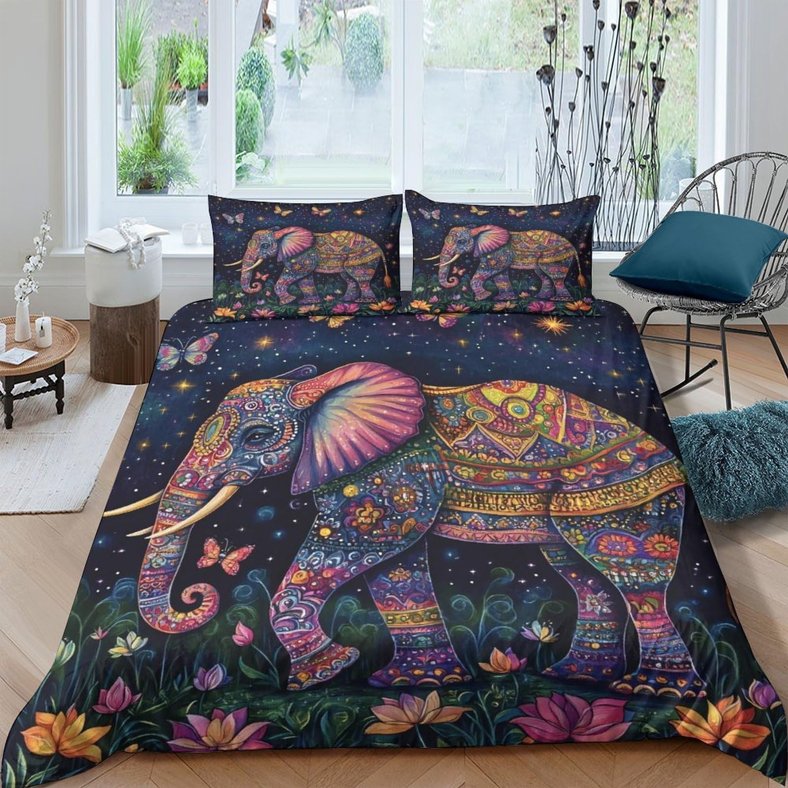 Parure de lit éléphant 3D en microfibre douce motif mandala bohème 260x220