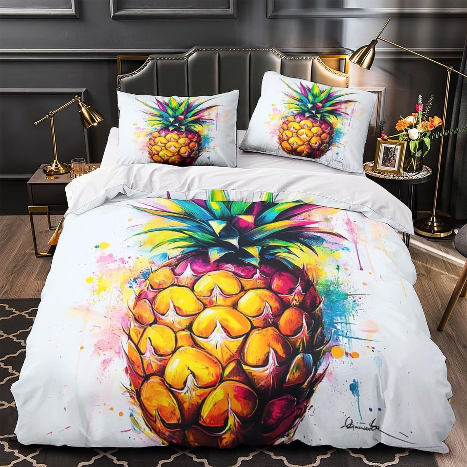 Parure de lit ananas coloré 3D en microfibre premium avec finitions fermeture éclair